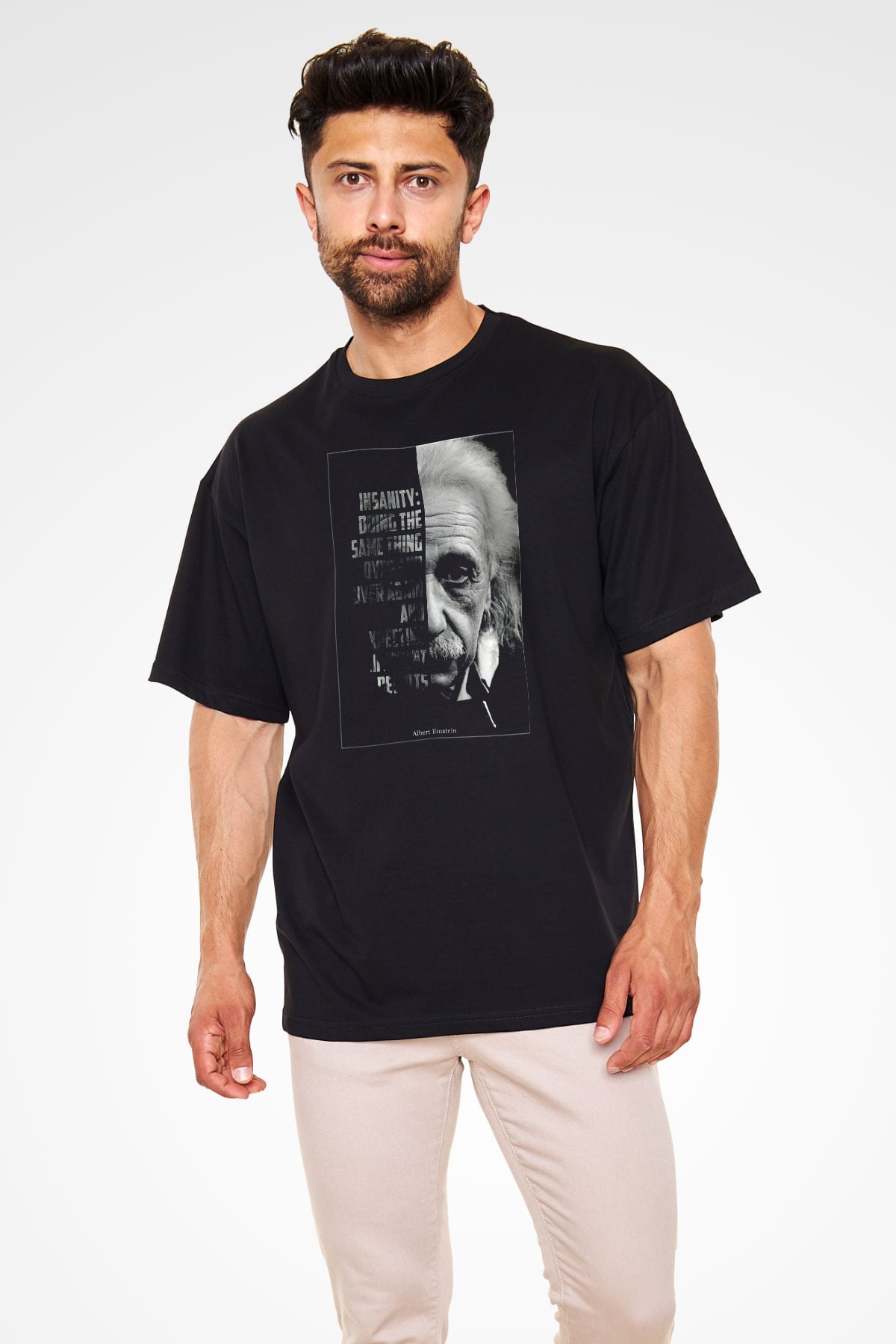 Albert Einstein Yarı Portre Baskılı Unisex Oversize Tişört - Tshirt