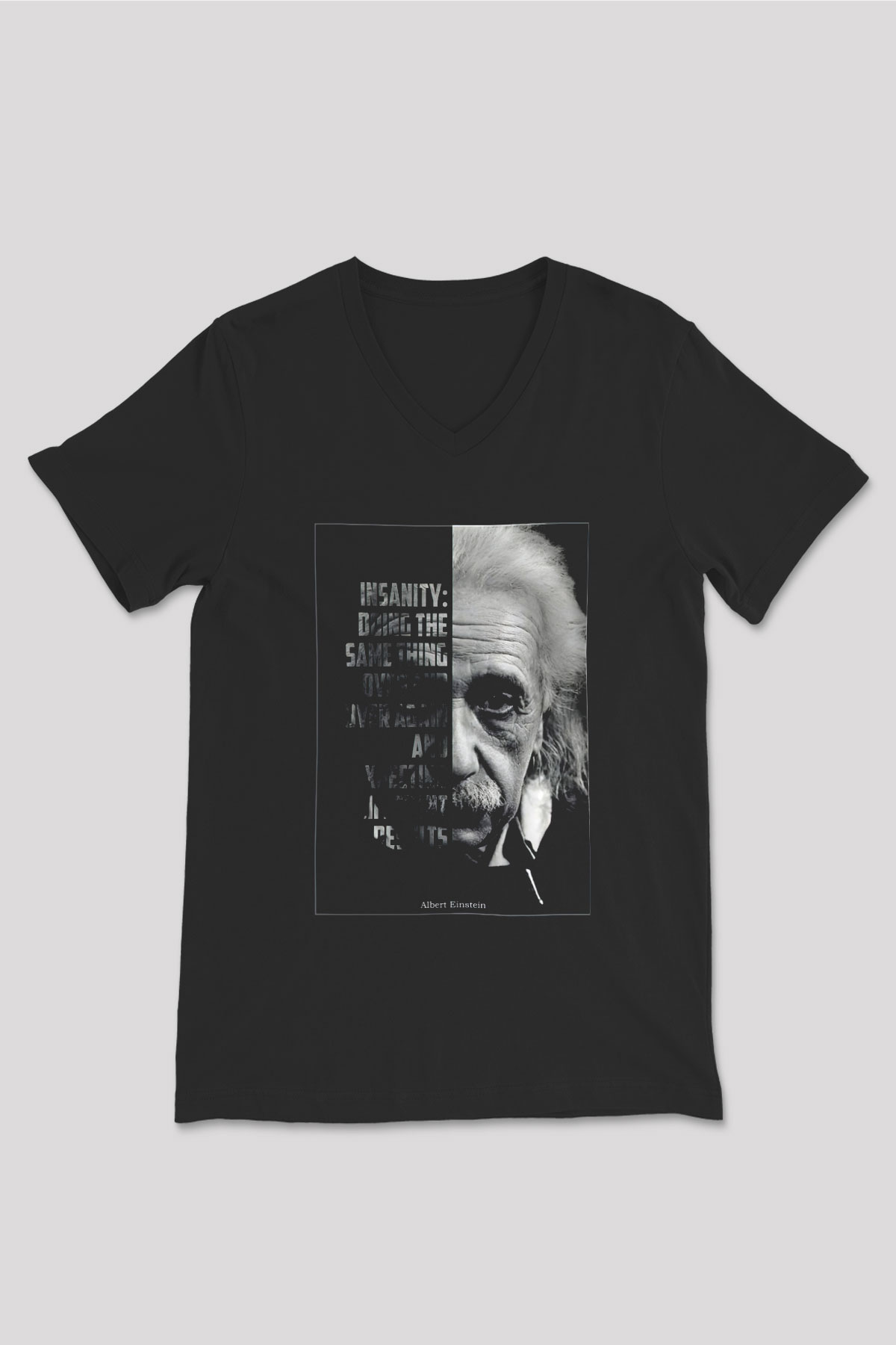 Albert Einstein Yarı Portre Baskılı Unisex V Yaka Siyah Tİşört - Tshirt