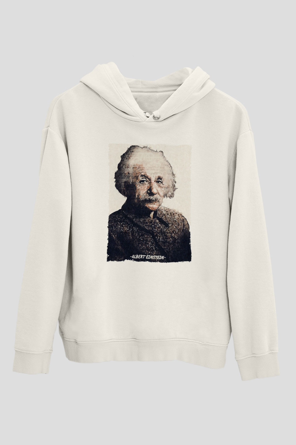 Albert Einstein Yazılı Portre Baskılı Unisex Ekru Hoodie