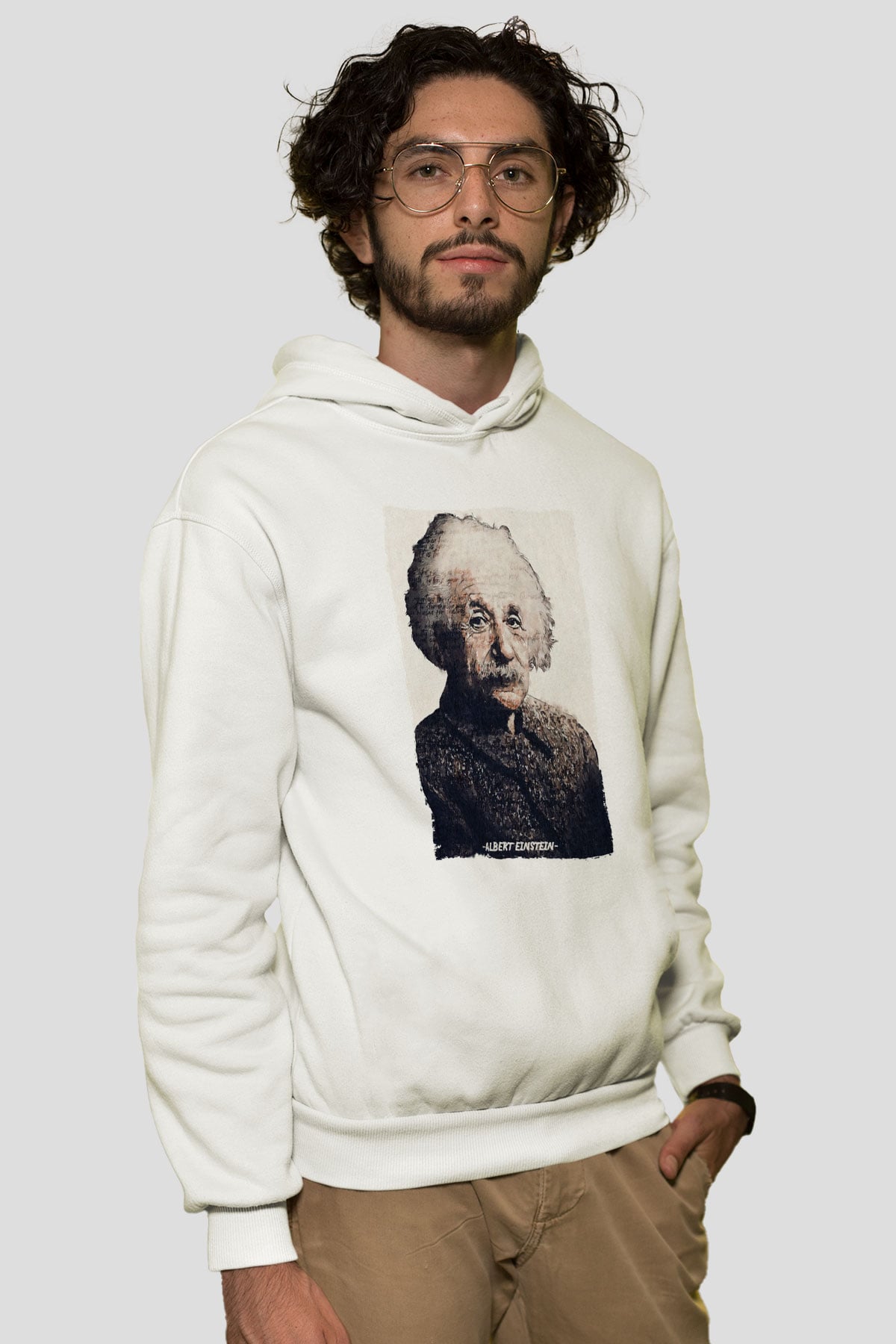 Albert Einstein Yazılı Portre Baskılı Unisex Ekru Hoodie