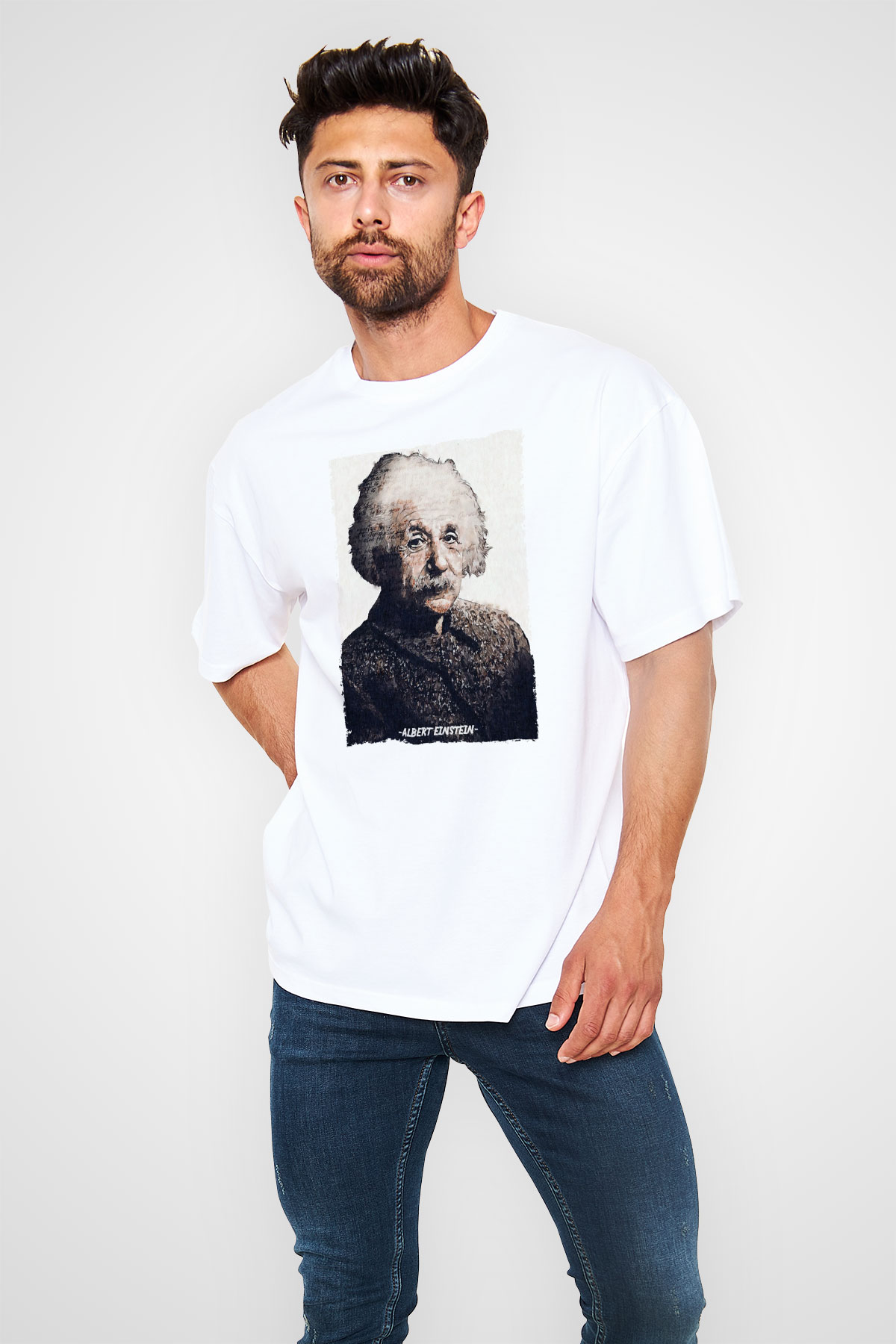 Albert Einstein Yazılı Portre Baskılı Unisex Oversize Beyaz Tişört - Tshirt