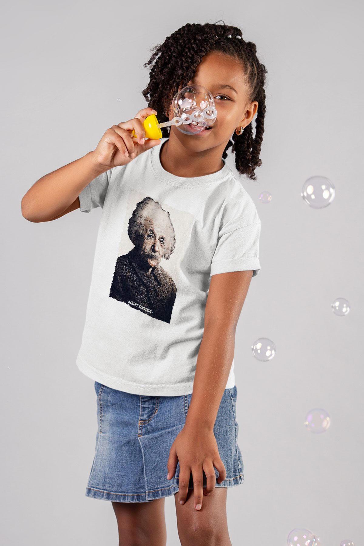 Albert Einstein Yazılı Portre Baskılı Unisex Beyaz Çocuk Tişörtü - Tshirt