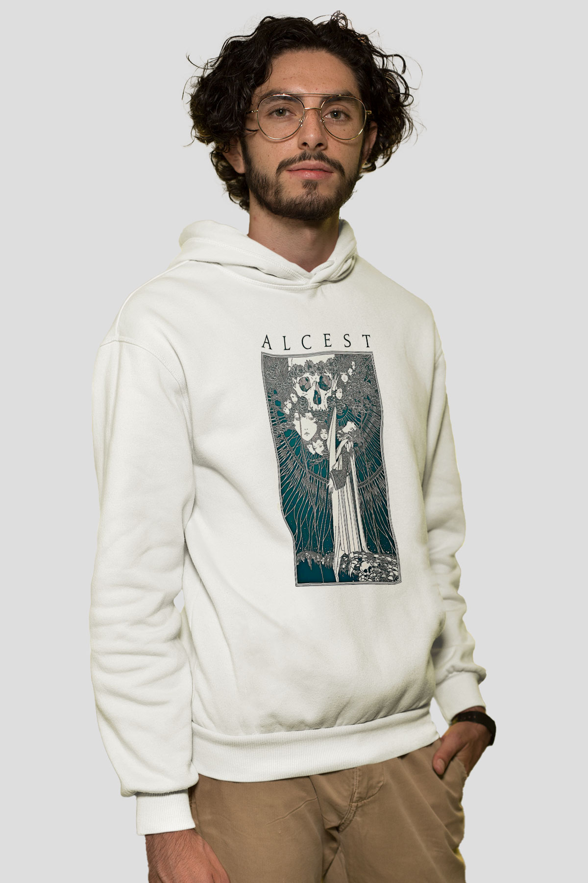 Alcest Baskılı Beyaz Unisex Kapüşonlu Sweatshirt