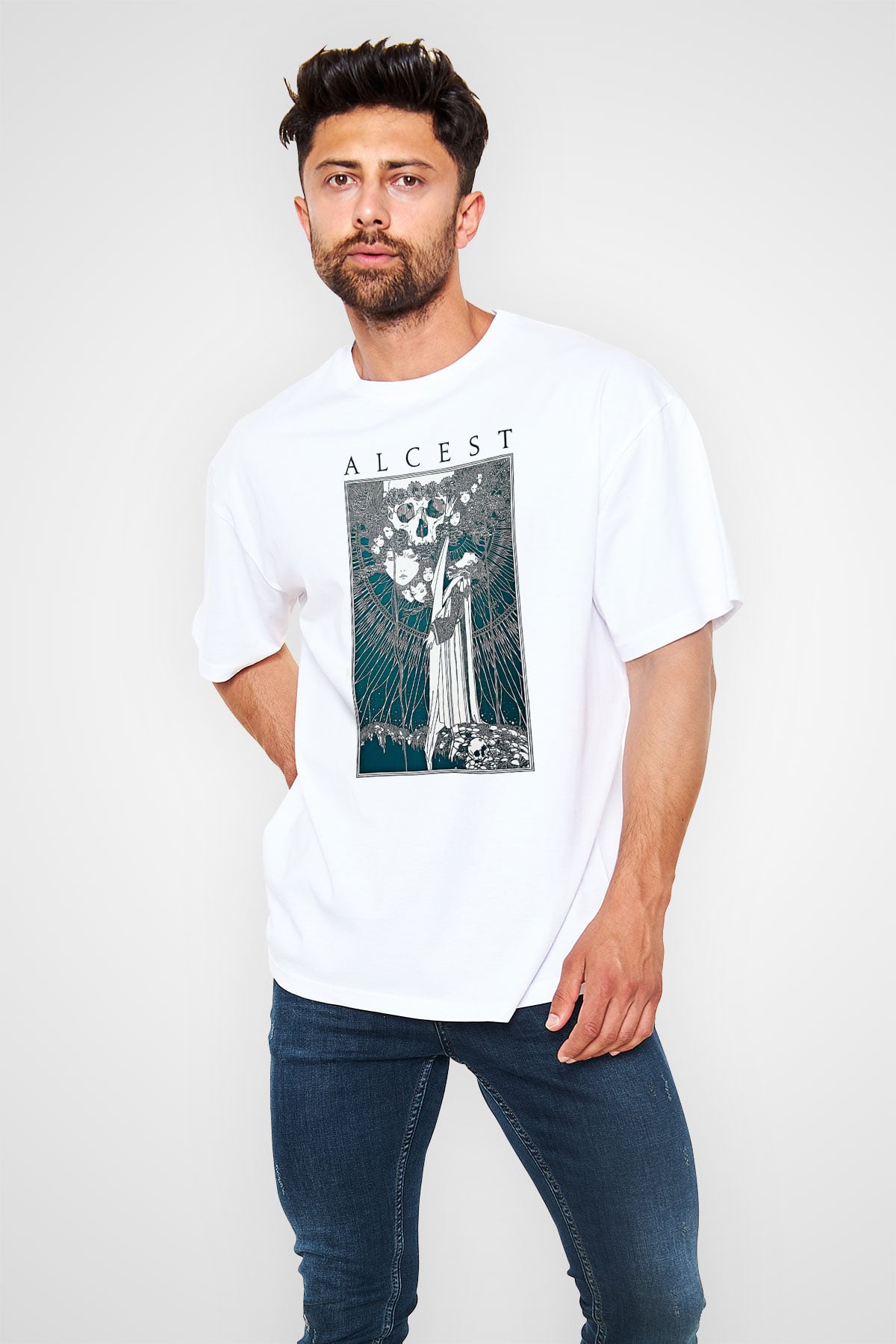 Alcest Baskılı Beyaz Unisex Oversize Tişört - Tshirt
