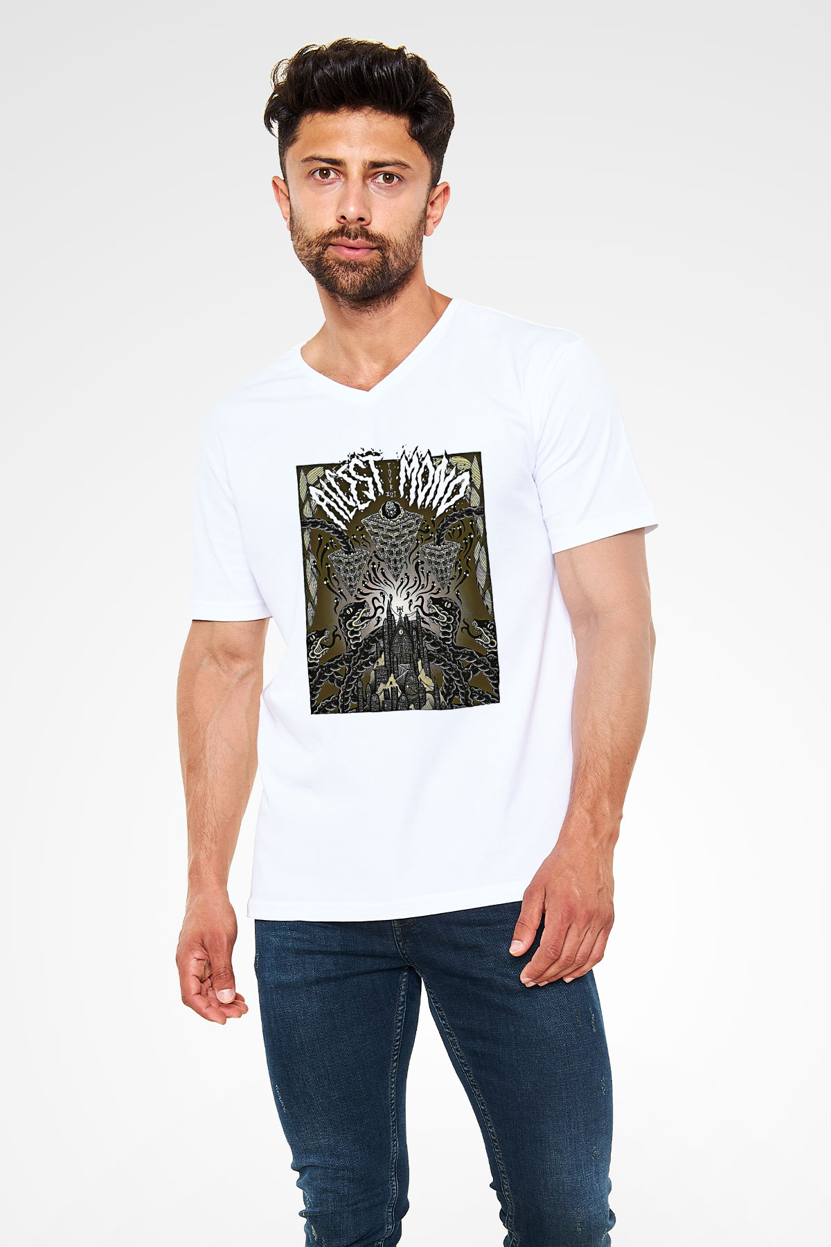 Alcest Baskılı Beyaz Unisex V Yaka Tişört - Tshirt
