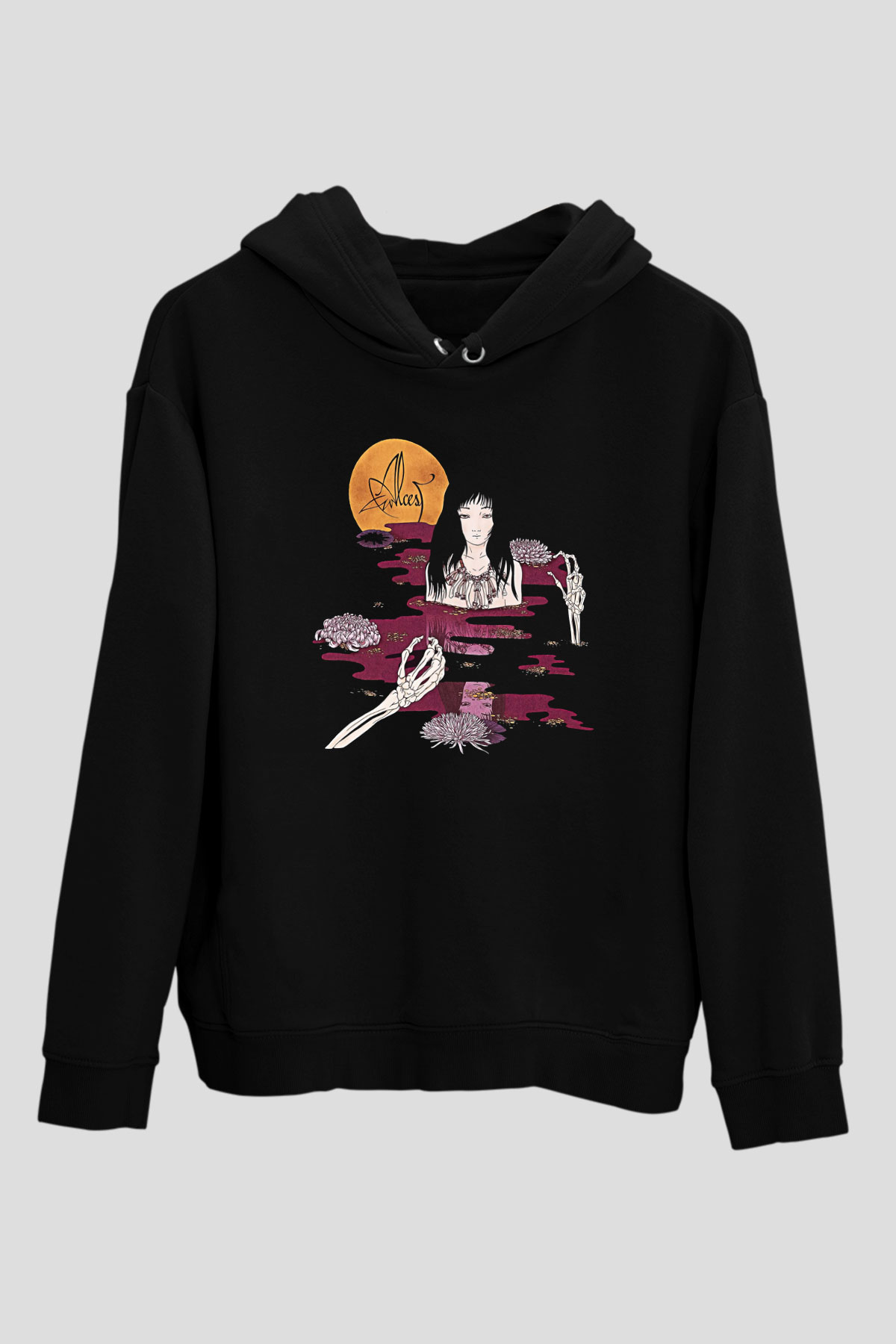 Alcest Baskılı Unisex Siyah Kapüşonlu Sweatshirt