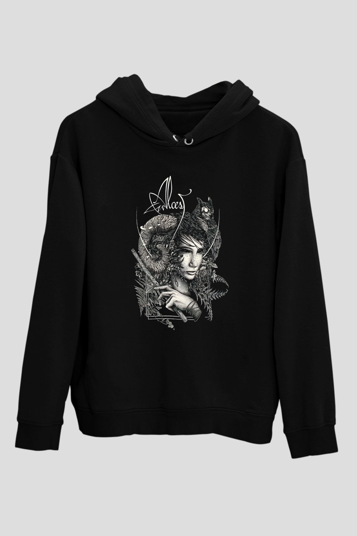 Alcest Baskılı Unisex Siyah Kapüşonlu Sweatshirt