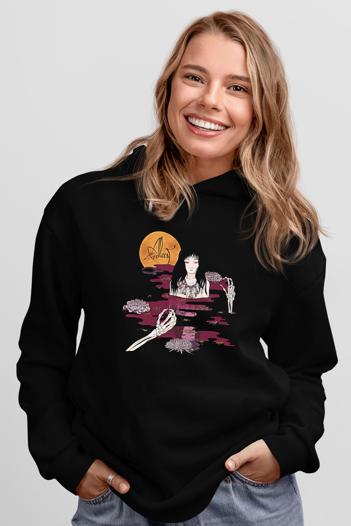 Alcest Baskılı Unisex Siyah Kapüşonlu Sweatshirt