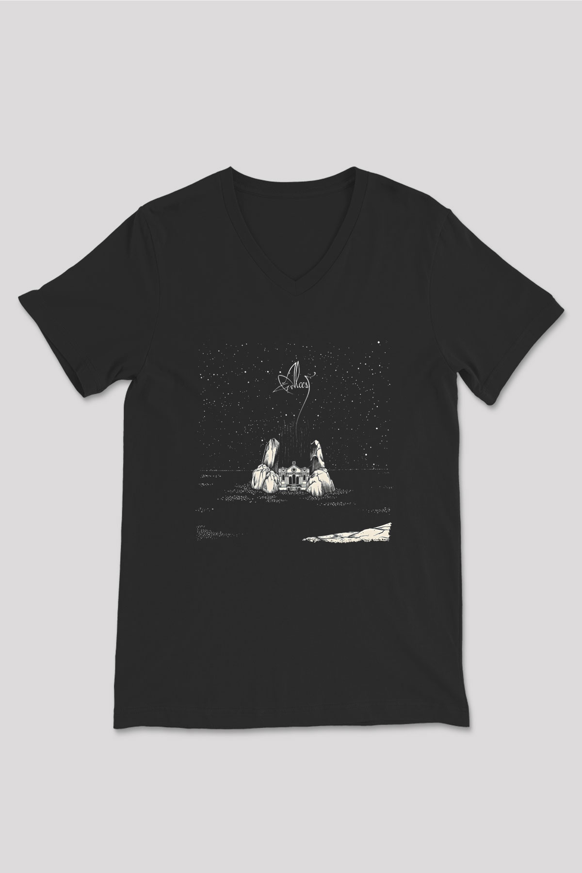 Alcest Baskılı Unisex Siyah V Yaka Tişört - Tshirt