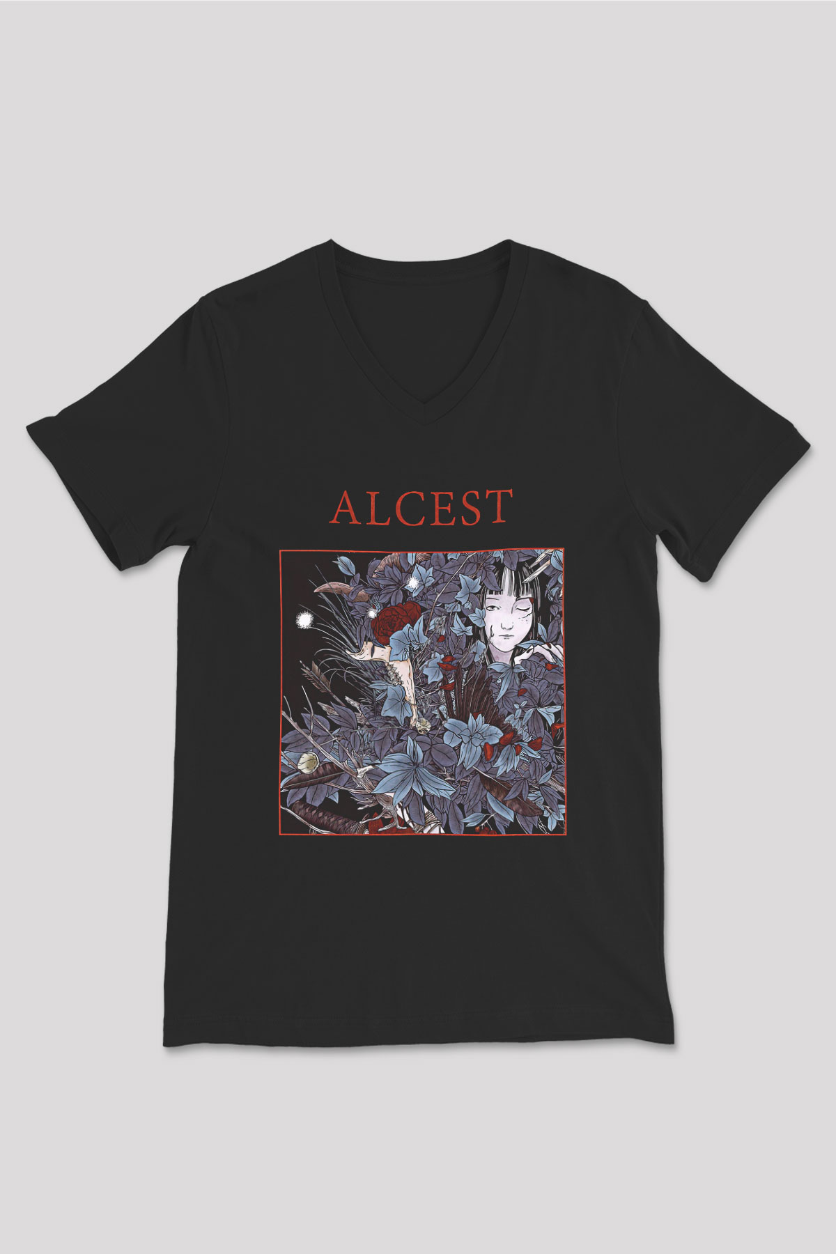 Alcest Baskılı Unisex Siyah V Yaka Tişört - Tshirt