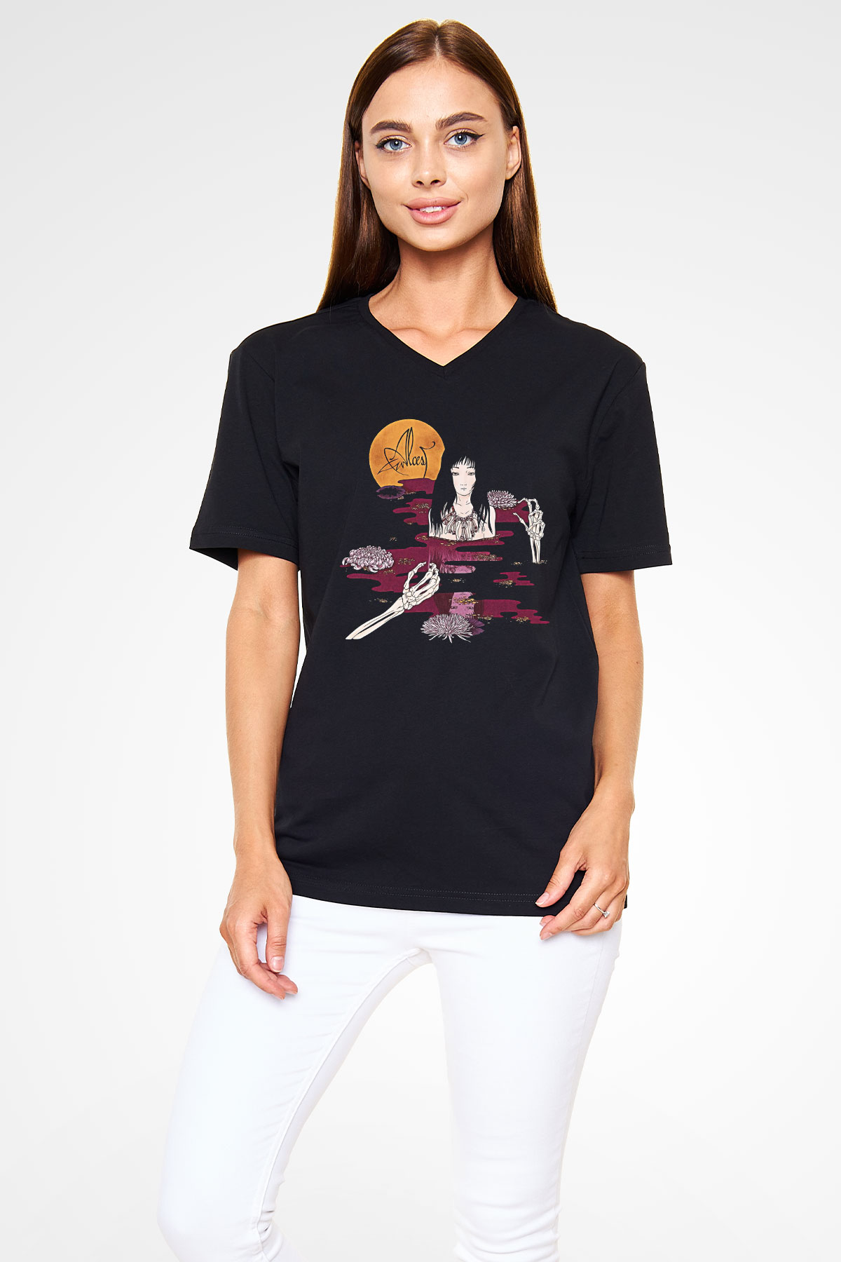 Alcest Baskılı Unisex Siyah V Yaka Tişört - Tshirt