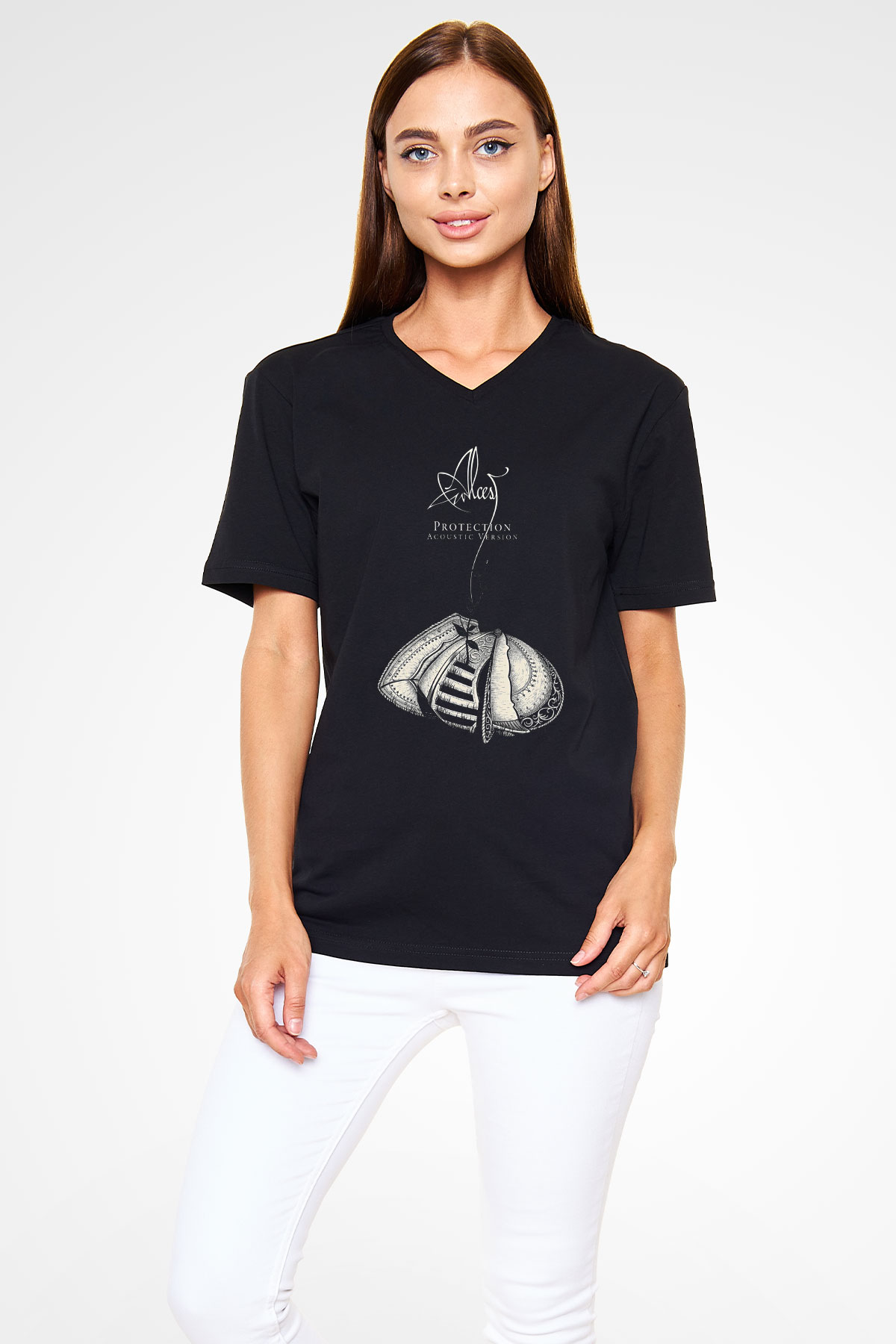 Alcest Baskılı Unisex Siyah V Yaka Tişört - Tshirt