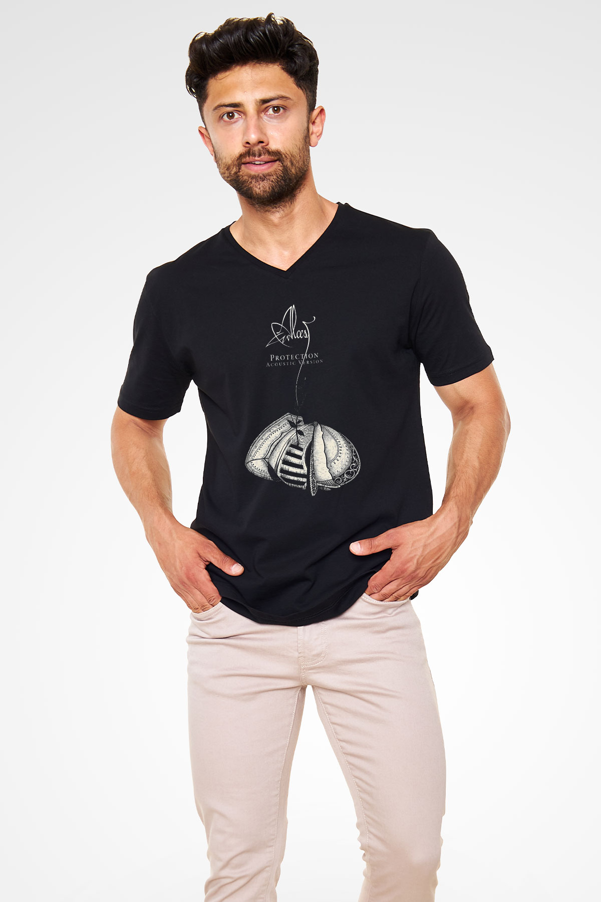 Alcest Baskılı Unisex Siyah V Yaka Tişört - Tshirt