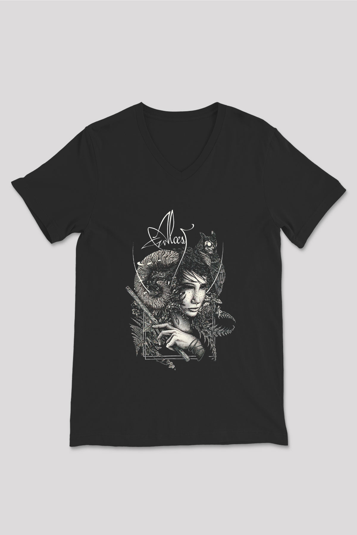 Alcest Baskılı Unisex Siyah V Yaka Tişört - Tshirt