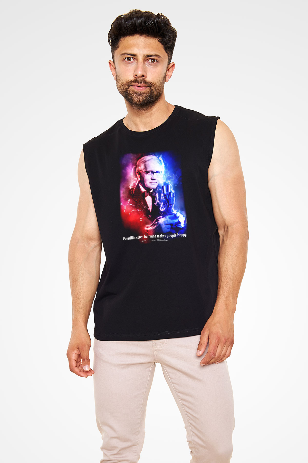 Alexander Fleming Baskılı Unisex Kolsuz Siyah Tişört - Tshirt