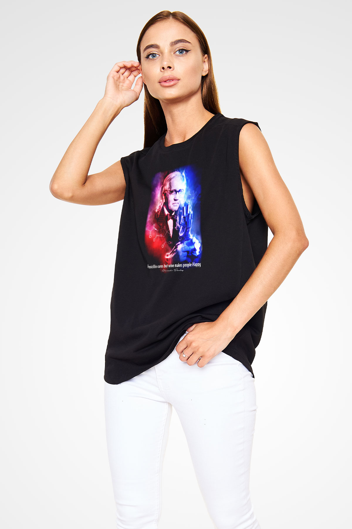 Alexander Fleming Baskılı Unisex Kolsuz Siyah Tişört - Tshirt