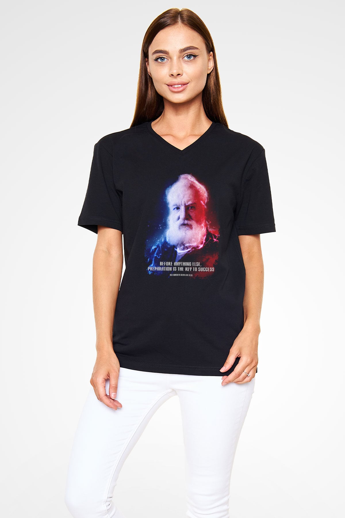 Alexander Graham Bell Alıntı Renkli Baskılı Unisex V Yaka Siyah Tİşört - Tshirt