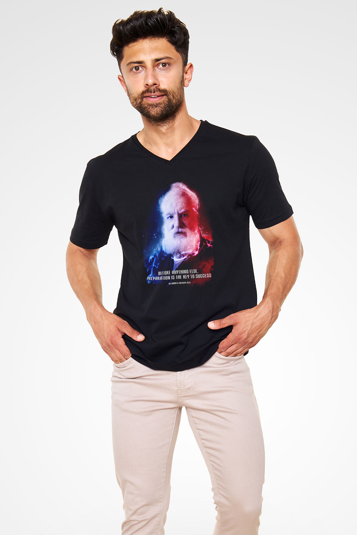 Alexander Graham Bell Alıntı Renkli Baskılı Unisex V Yaka Siyah Tİşört - Tshirt