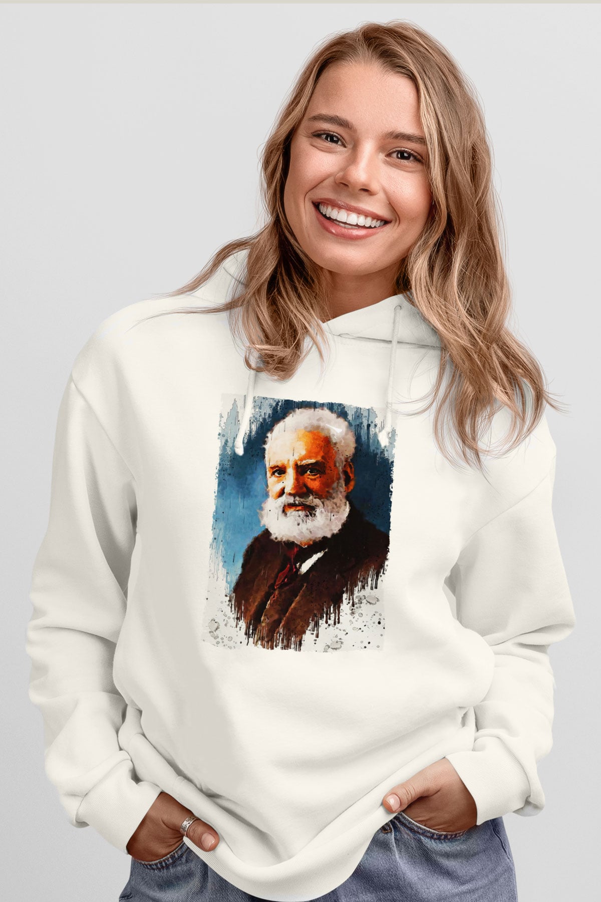 Alexander Graham Bell Baskılı Unisex Ekru Hoodie