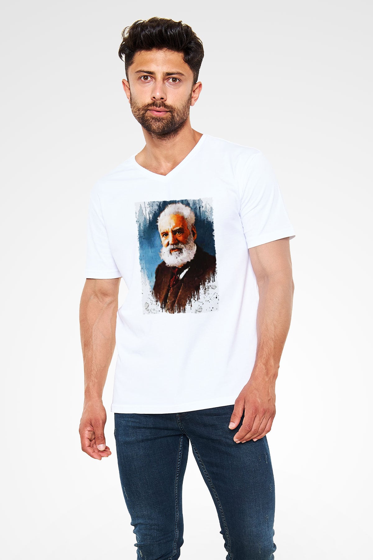 Alexander Graham Bell Baskılı Unisex V Yaka Beyaz Tişört - Tshirt