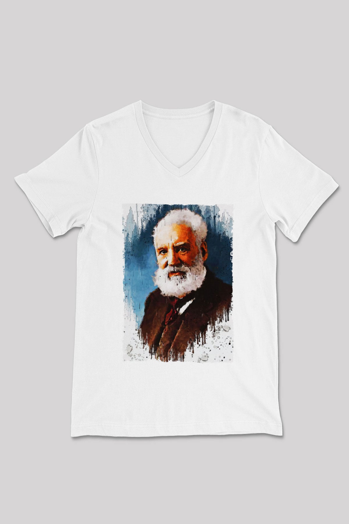 Alexander Graham Bell Baskılı Unisex V Yaka Beyaz Tişört - Tshirt
