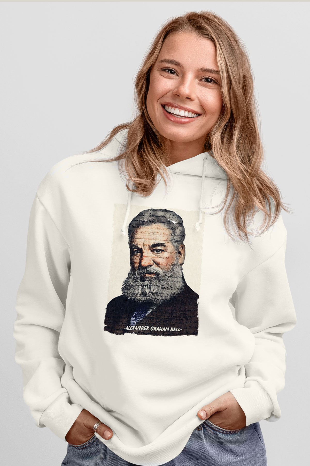 Alexander Graham Bell Yazılı Portre Baskılı Unisex Ekru Hoodie