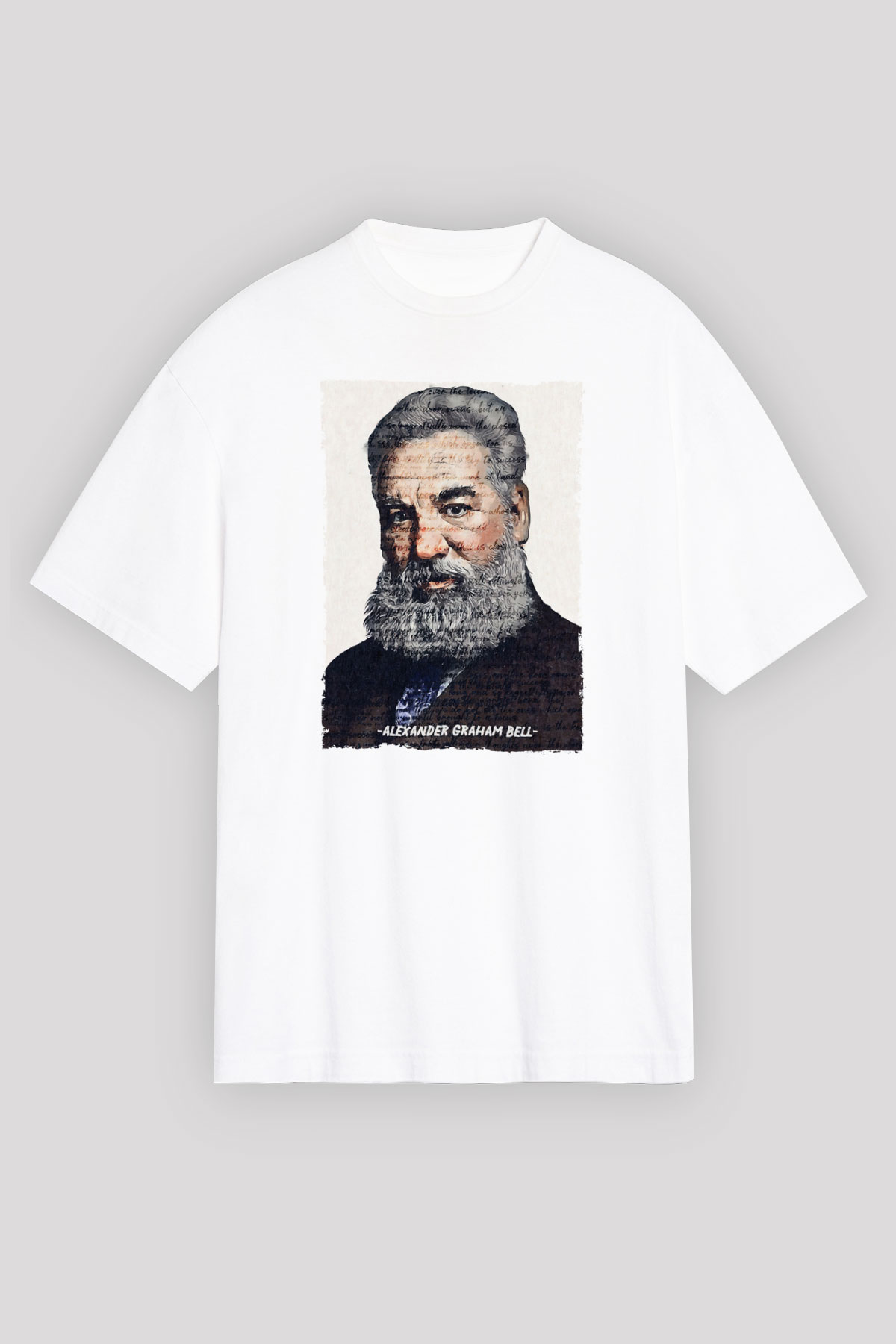 Alexander Graham Bell Yazılı Portre Baskılı Unisex Oversize Beyaz Tişört - Tshirt
