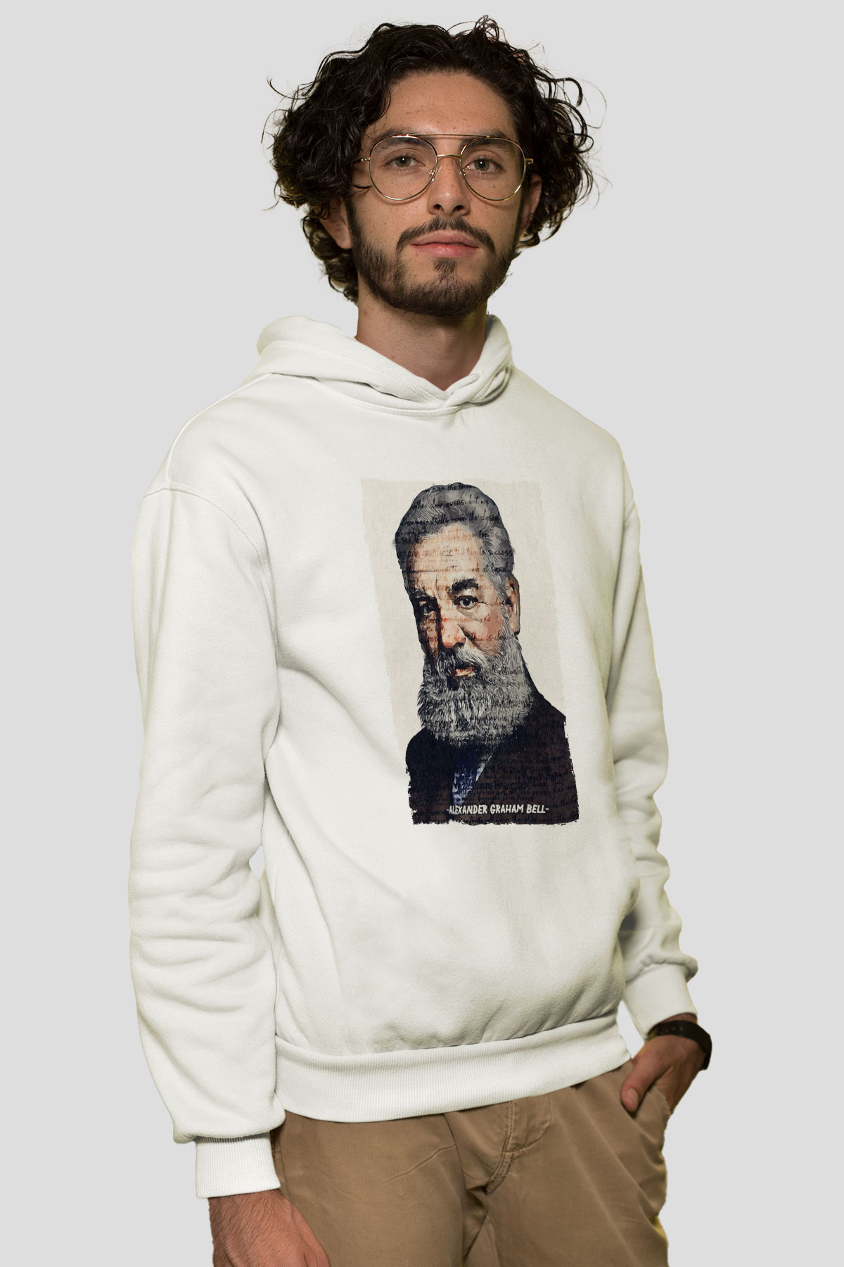 Alexander Graham Bell Yazılı Portre Baskılı Unisex Ekru Hoodie