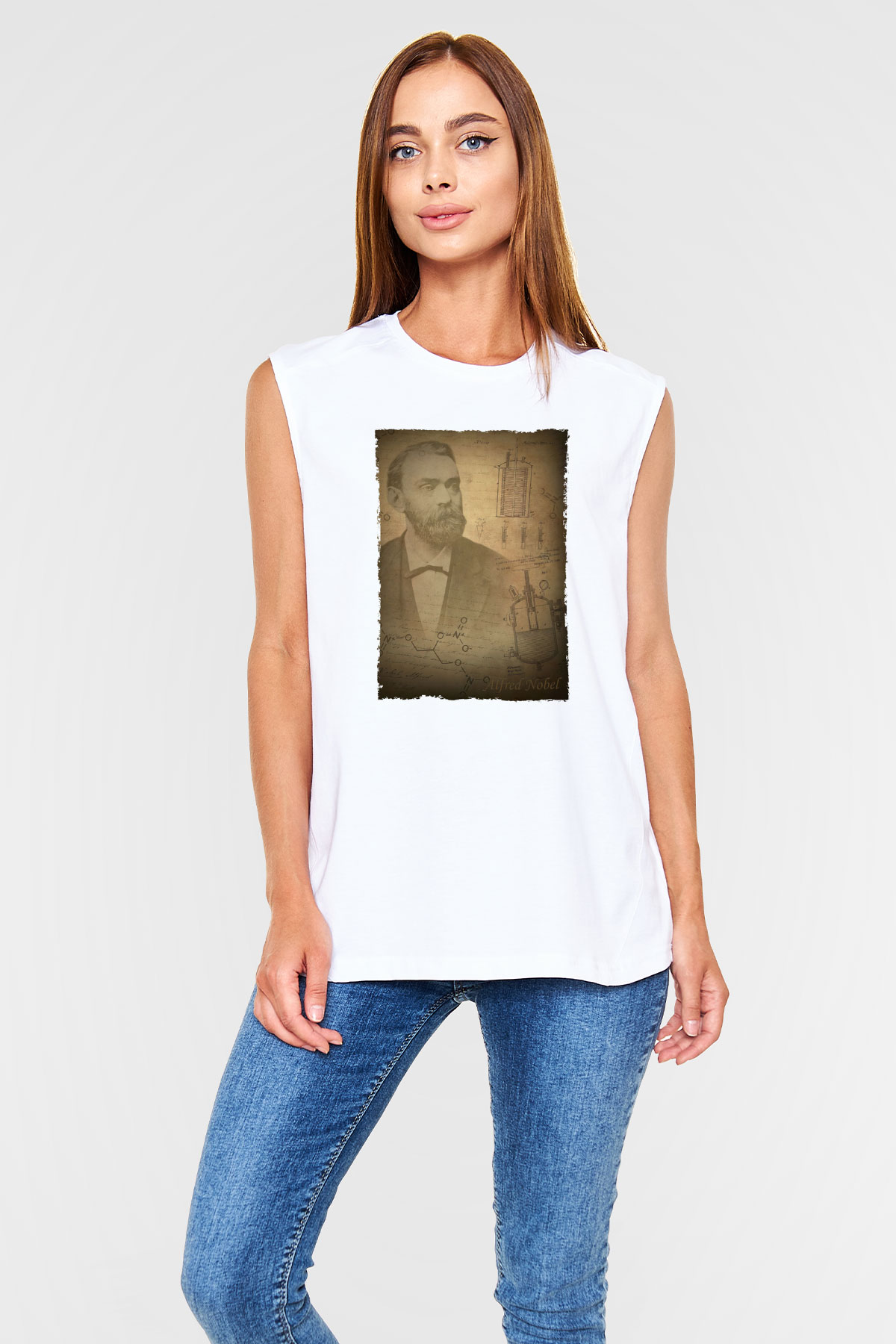 Alfred Nobel Baskılı Unisex Kolsuz Beyaz Tişört - Tshirt