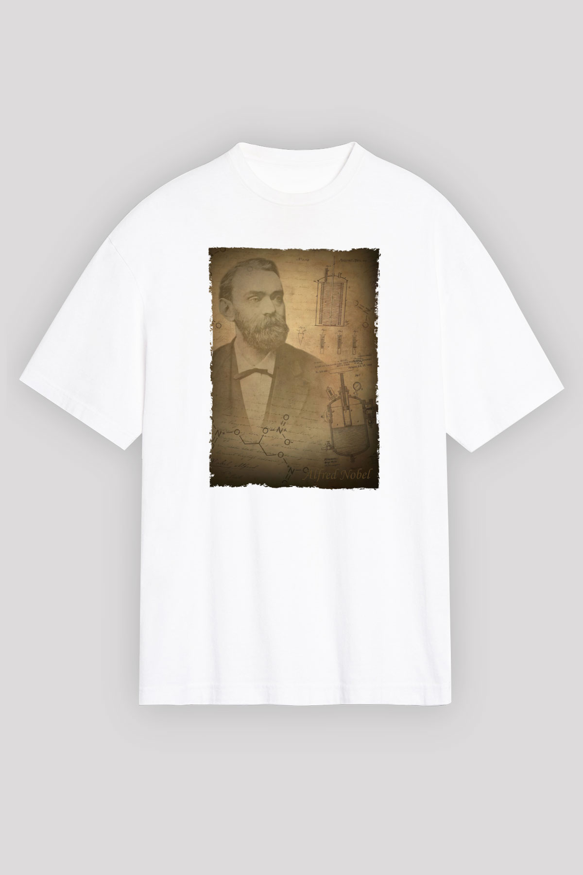 Alfred Nobel Baskılı Unisex Oversize Beyaz Tişört - Tshirt