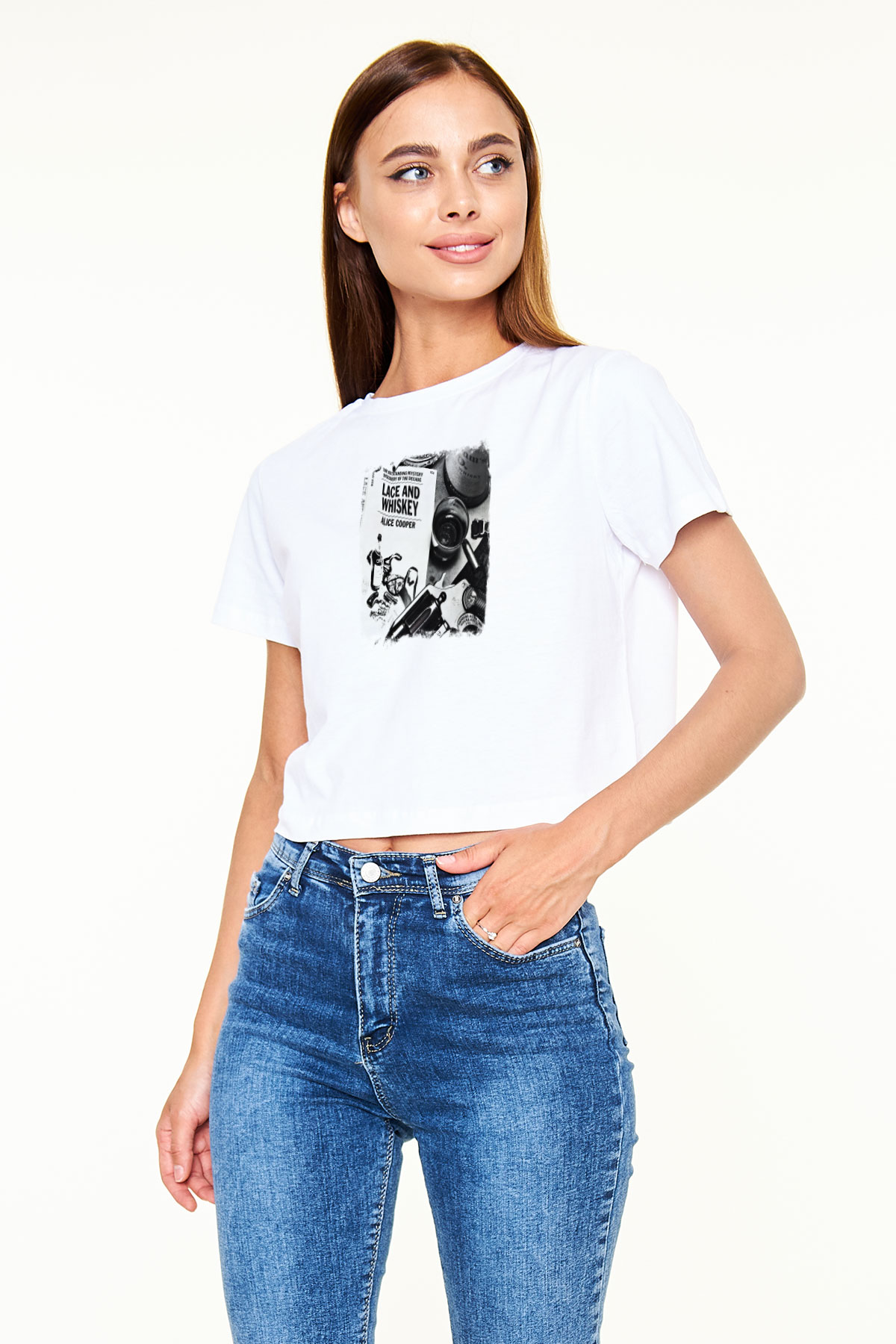 Alice Cooper Baskılı Unisex Beyaz Crop Top Tişört