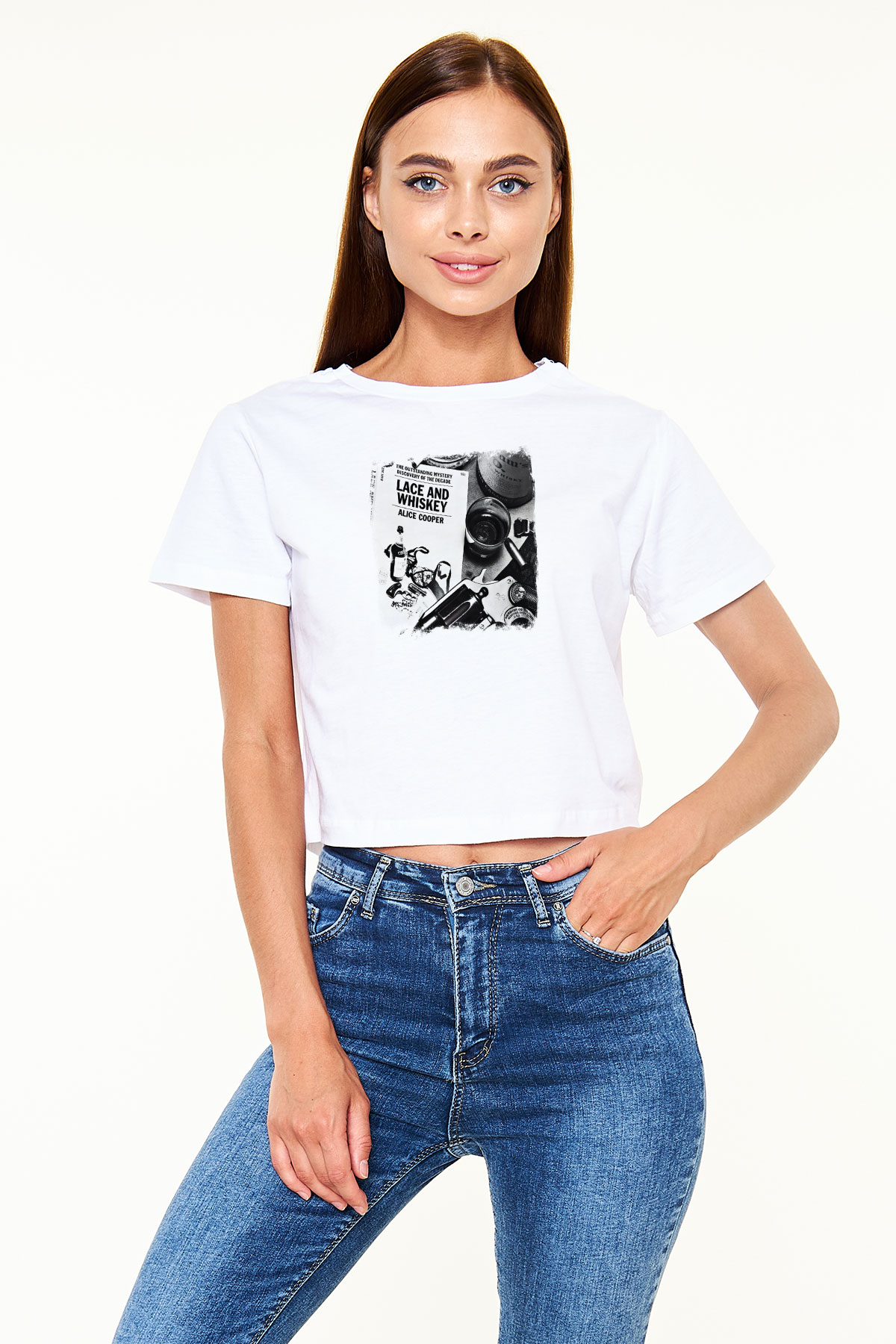 Alice Cooper Baskılı Unisex Beyaz Crop Top Tişört