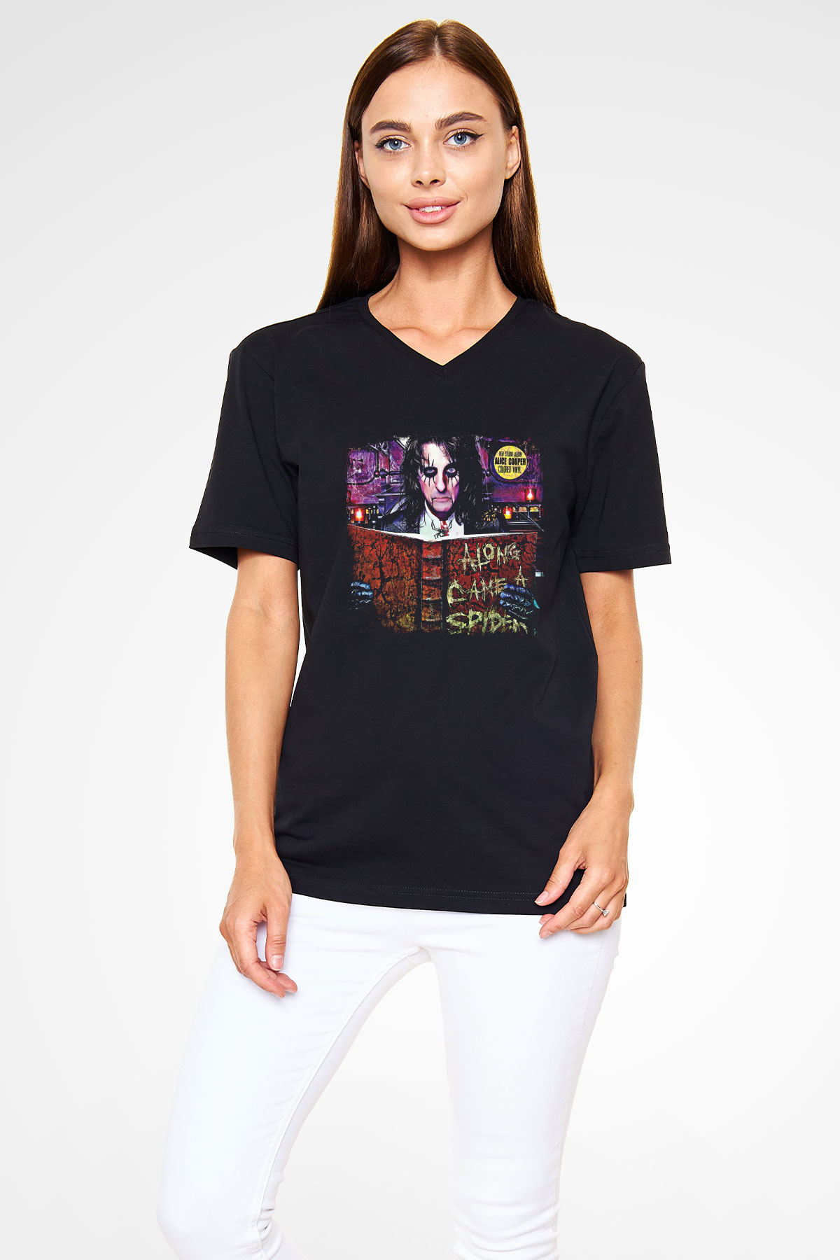 Alice Cooper Baskılı Unisex Siyah V Yaka Tişört