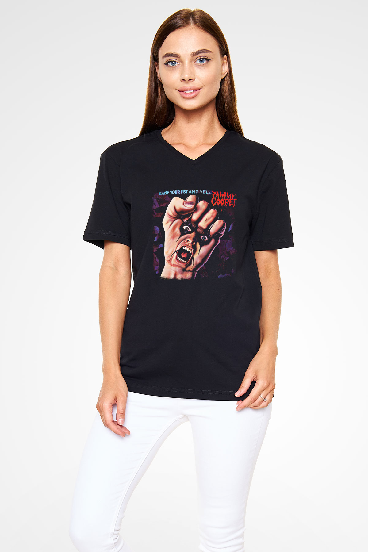 Alice Cooper Baskılı Unisex Siyah V Yaka Tişört