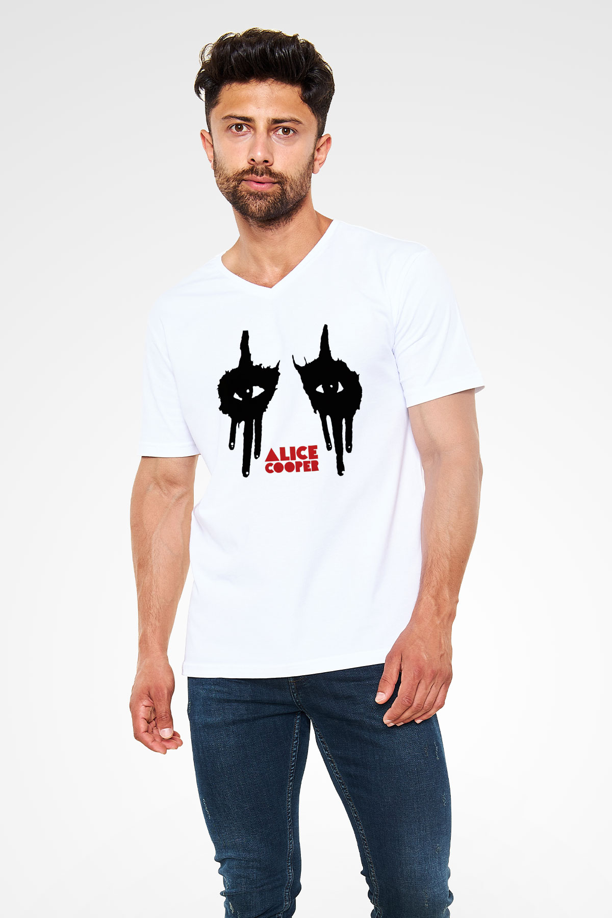 Alice Cooper Beyaz Unisex V Yaka Tişört T-Shirt