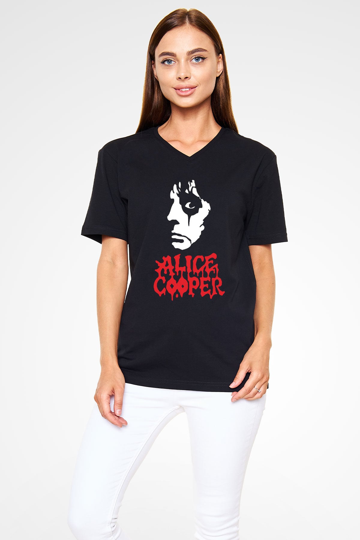 Alice Cooper Siyah Unisex V Yaka Tişört T-Shirt