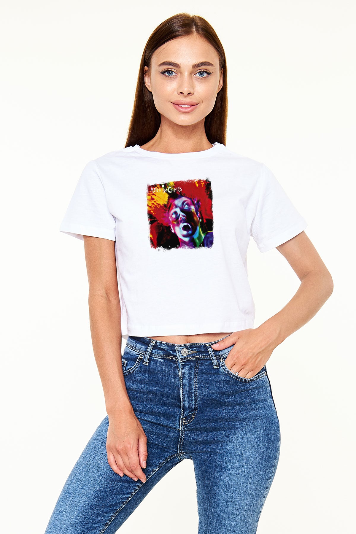Alice in Chains Baskılı Unisex Beyaz Crop Top Tişört