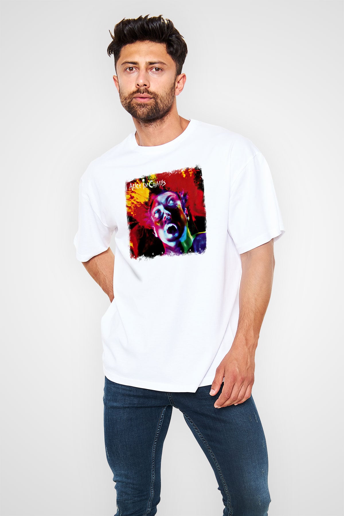 Alice in Chains Baskılı Unisex Beyaz Oversize Tişört