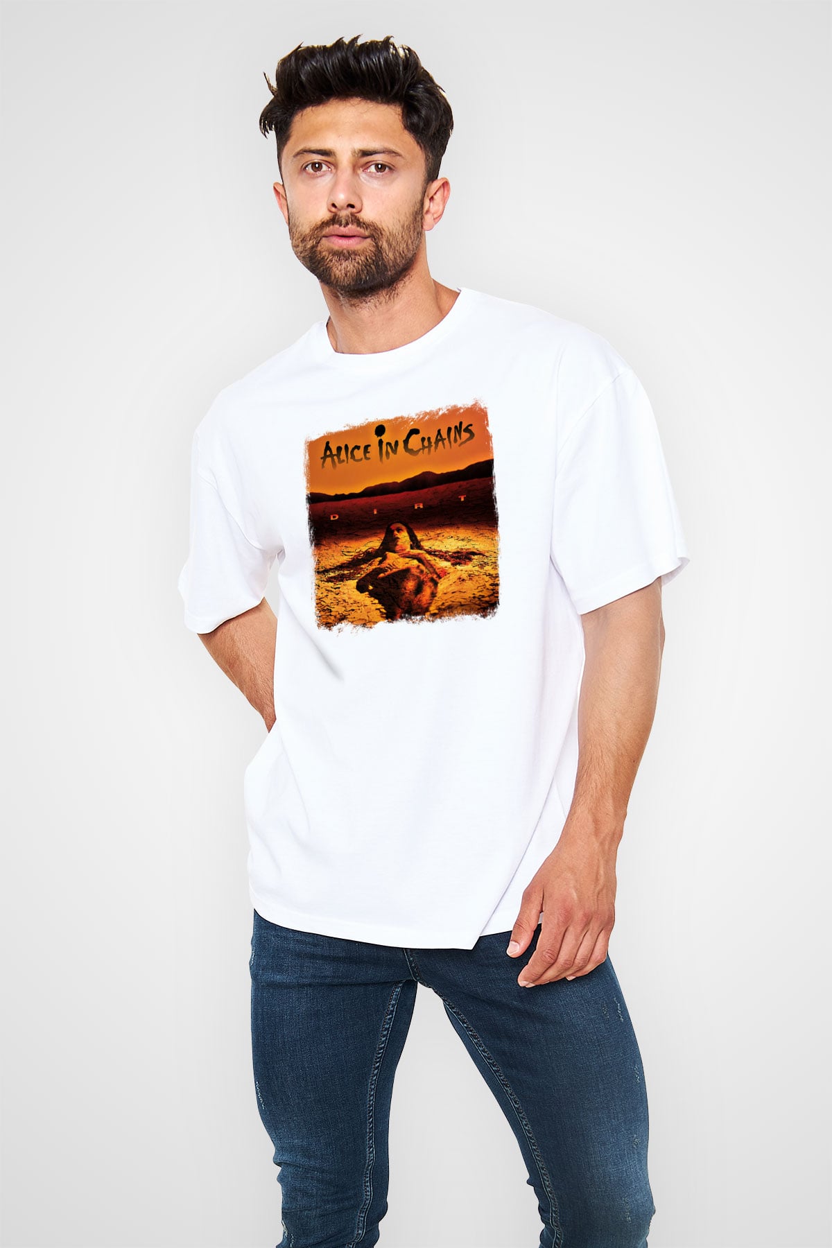 Alice in Chains Baskılı Unisex Beyaz Oversize Tişört