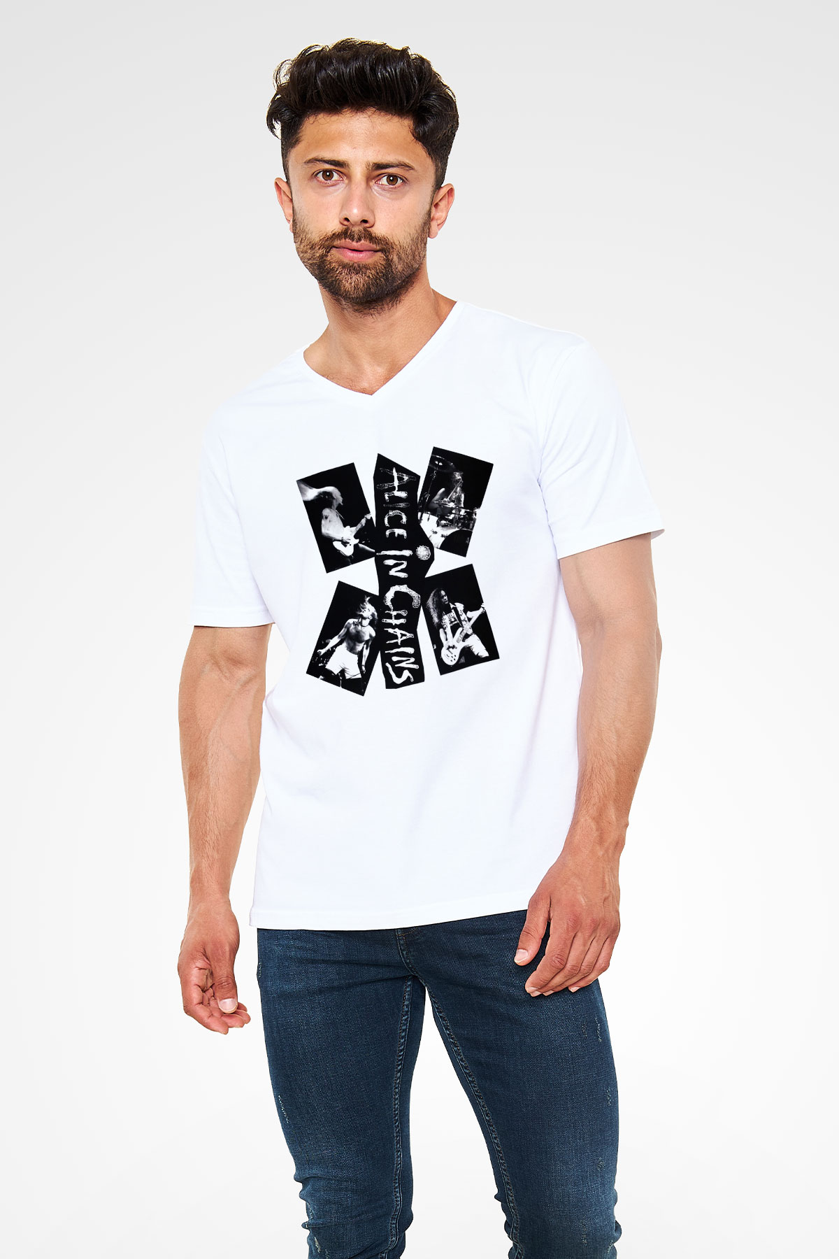 Alice in Chains Beyaz Unisex V Yaka Tişört T-Shirt