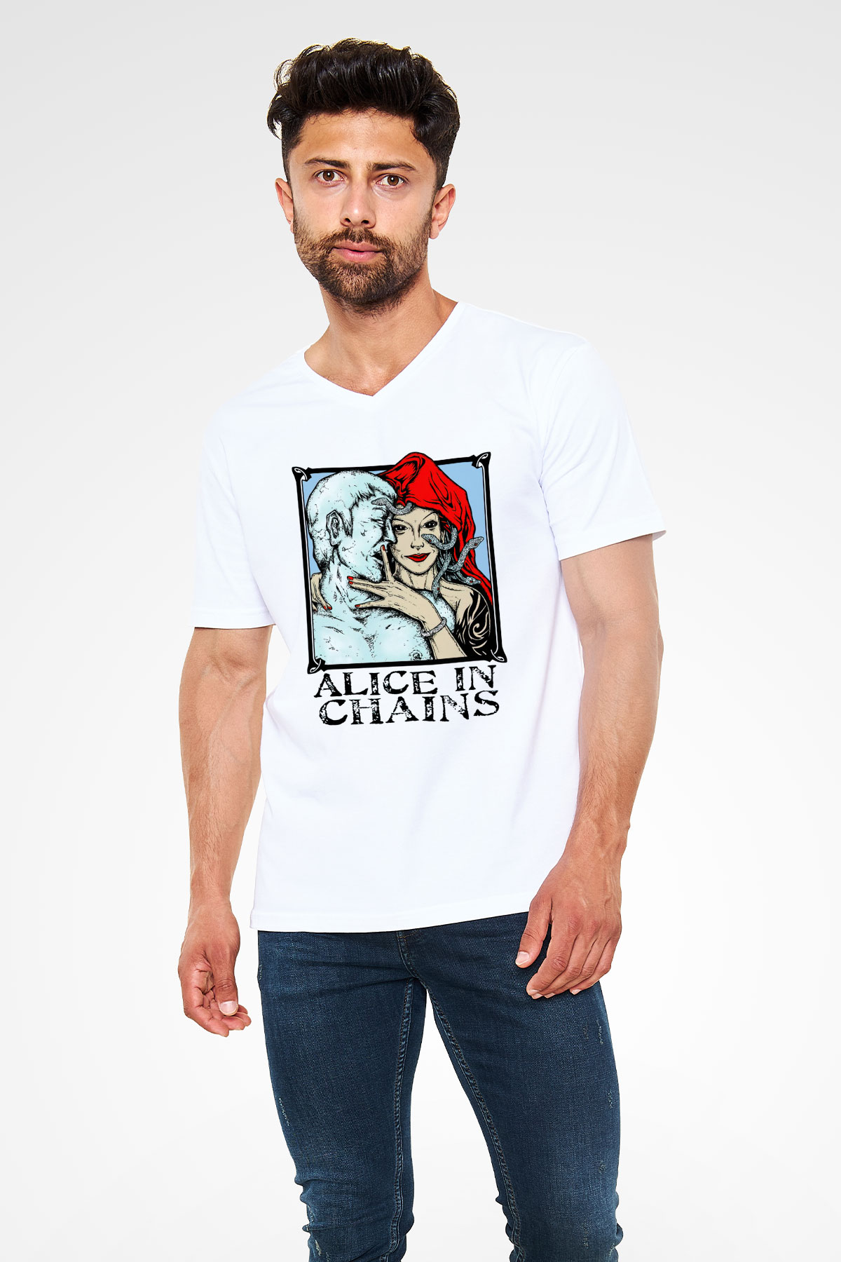 Alice in Chains Beyaz Unisex V Yaka Tişört T-Shirt