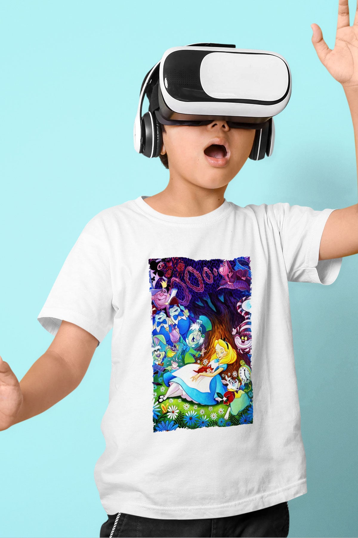 Alice in Wonderland Baskılı Beyaz Unisex Çocuk Tişört
