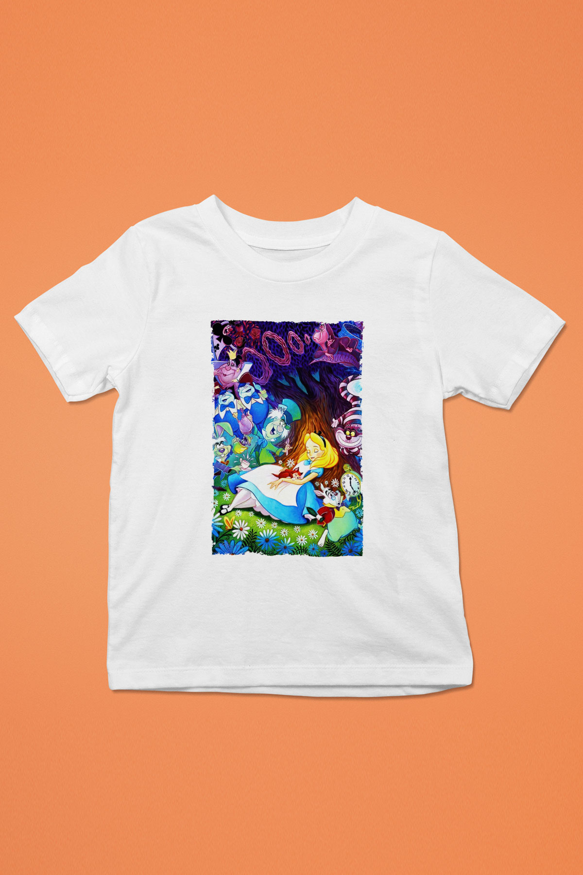 Alice in Wonderland Baskılı Beyaz Unisex Çocuk Tişört