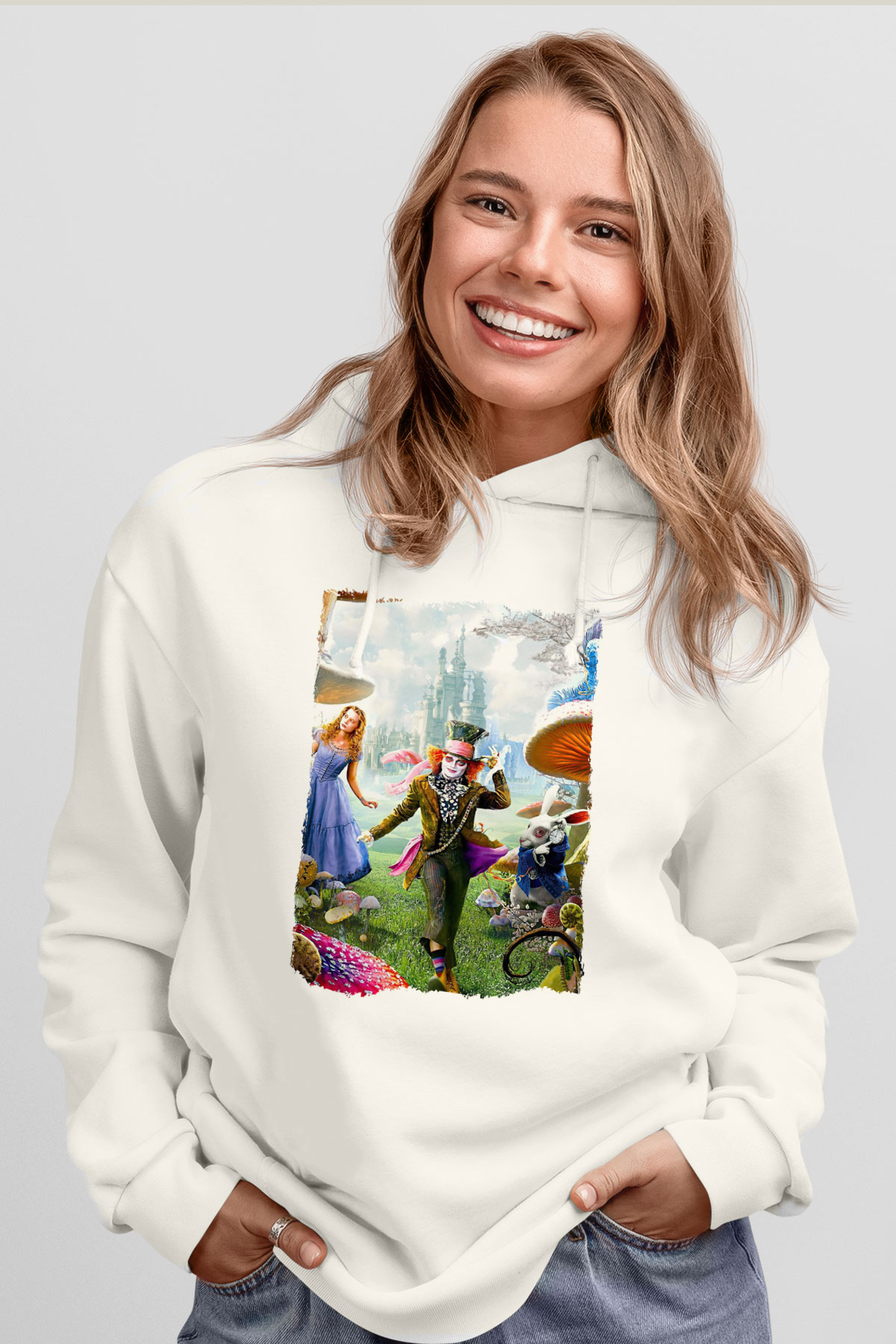 Alice in Wonderland Beyaz Unisex Hoodie