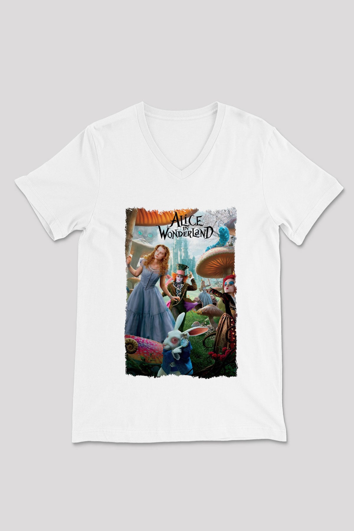 Alice in Wonderland Beyaz Unisex V Yaka Tişört