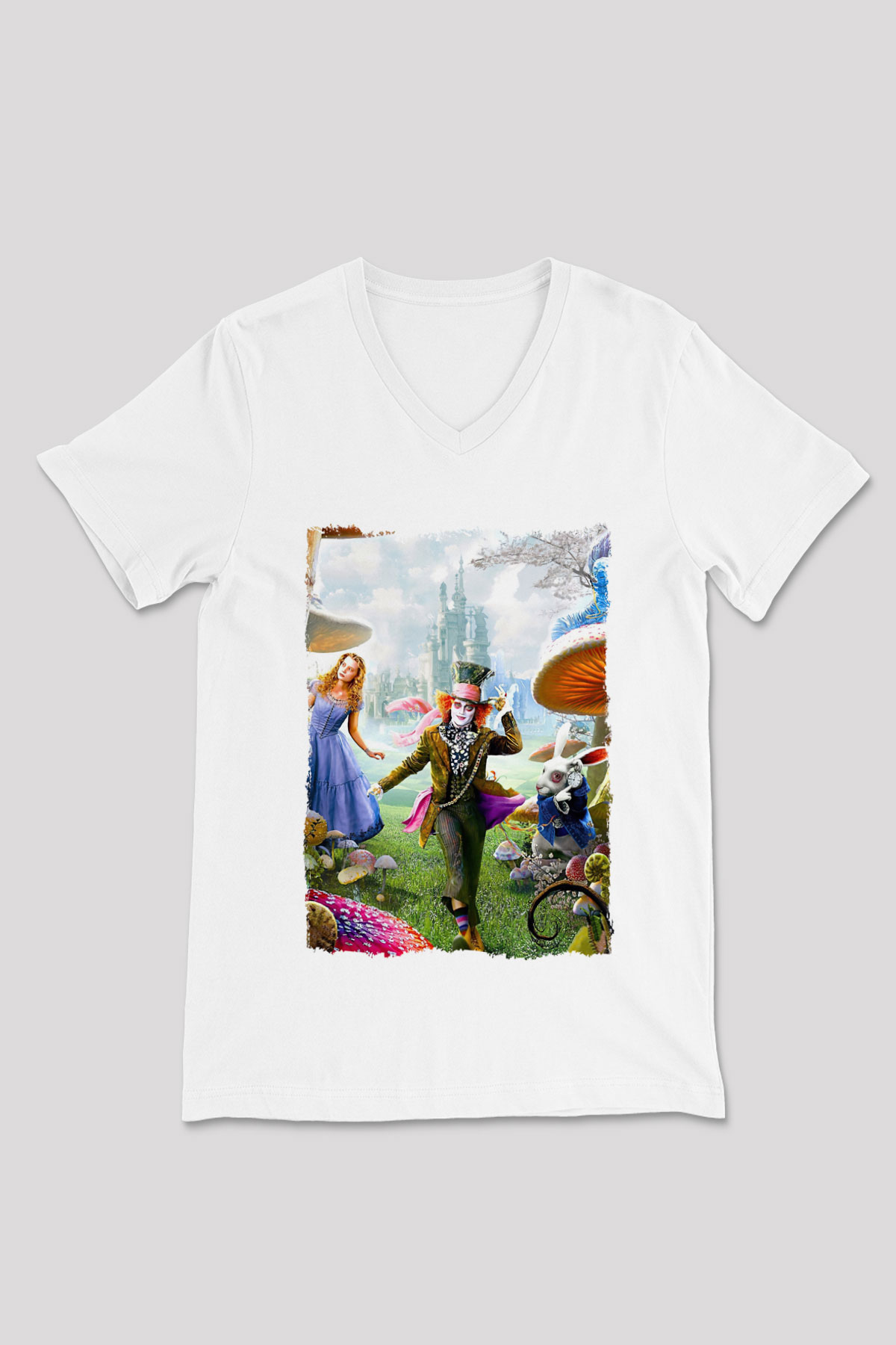 Alice in Wonderland Beyaz Unisex V Yaka Tişört