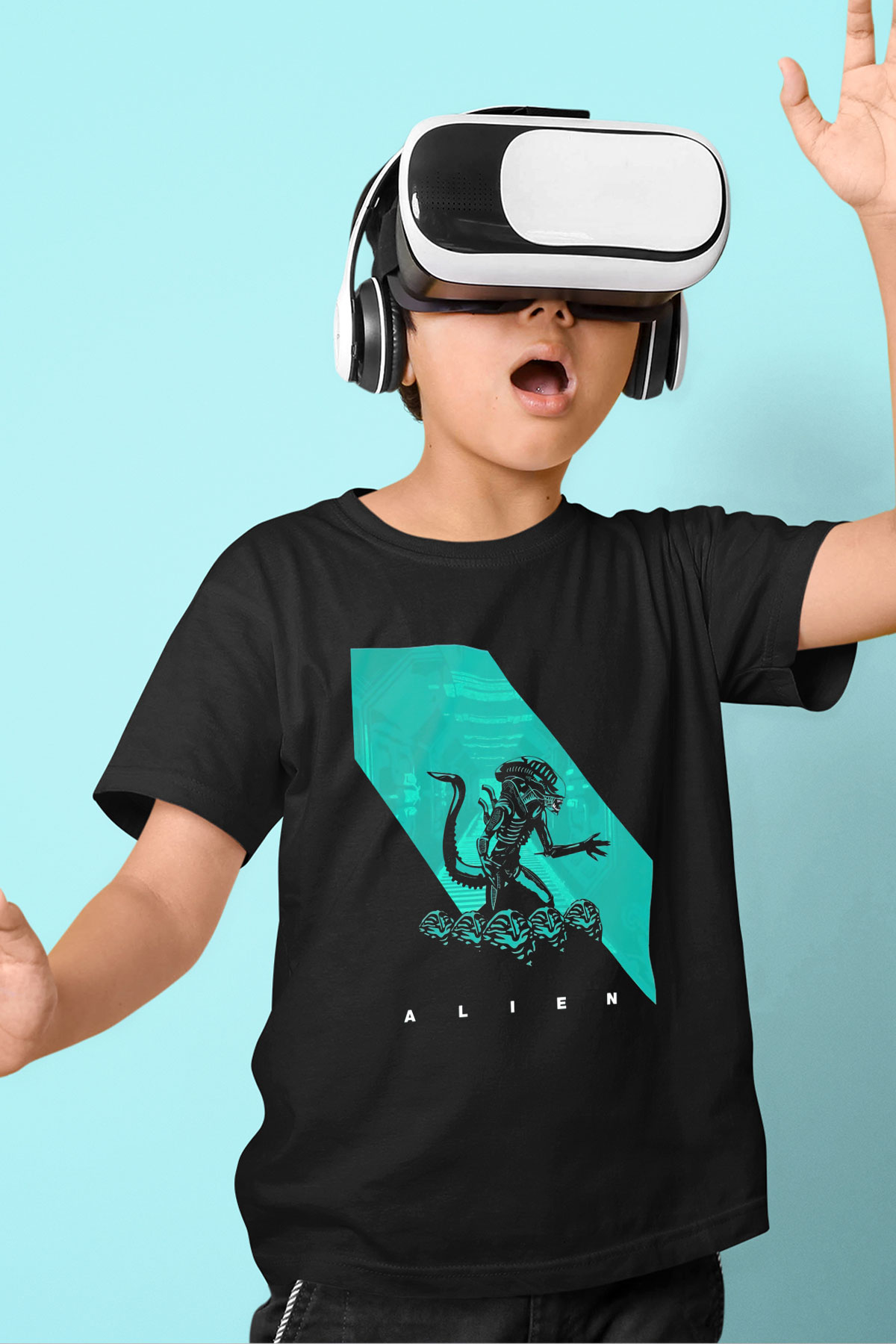Alien Baskılı Siyah Unisex Çocuk Tişört