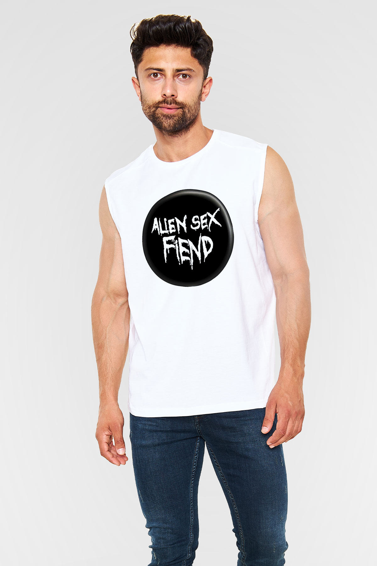 Alien Sex Fiend Baskılı Beyaz Unisex Kolsuz Tişört - Tshirt