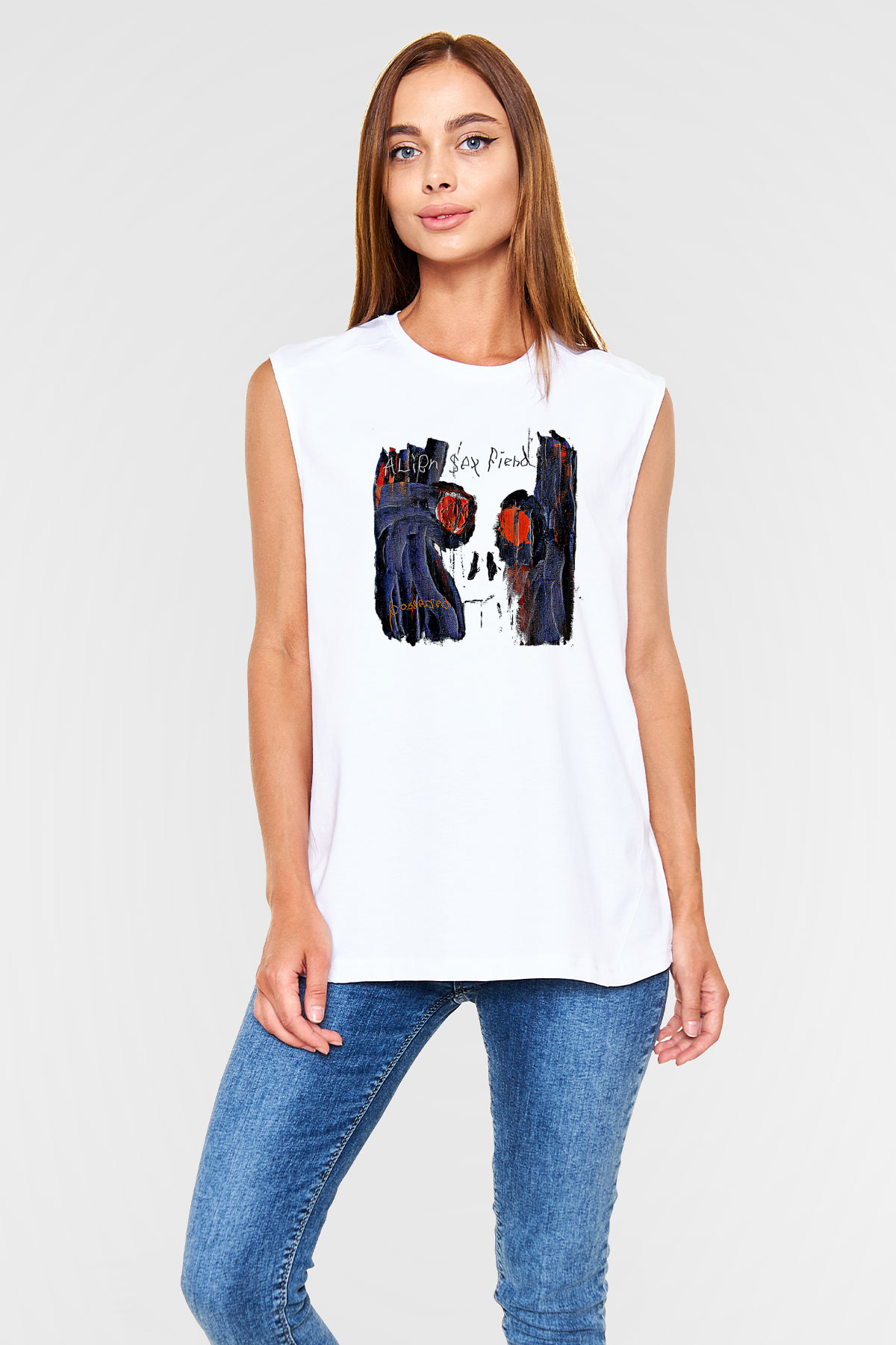 Alien Sex Fiend Baskılı Beyaz Unisex Kolsuz Tişört - Tshirt