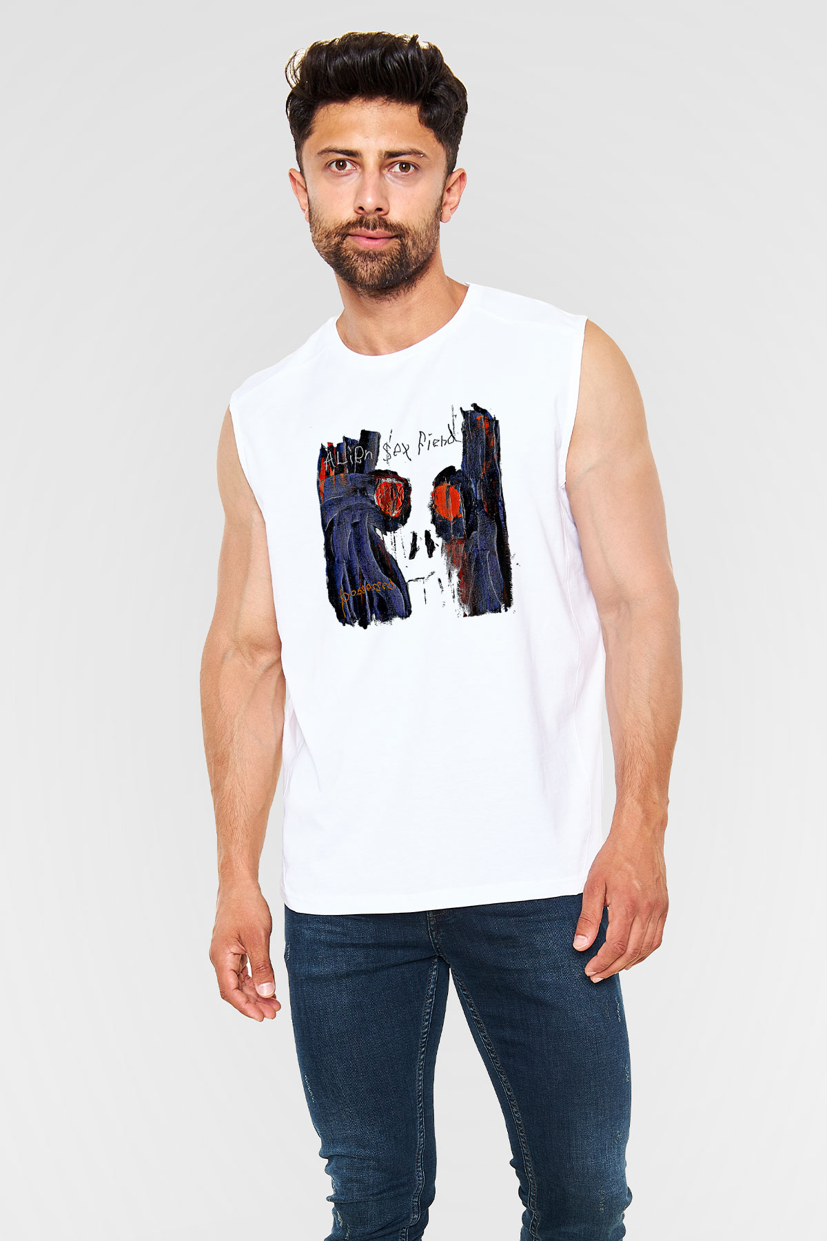 Alien Sex Fiend Baskılı Beyaz Unisex Kolsuz Tişört - Tshirt